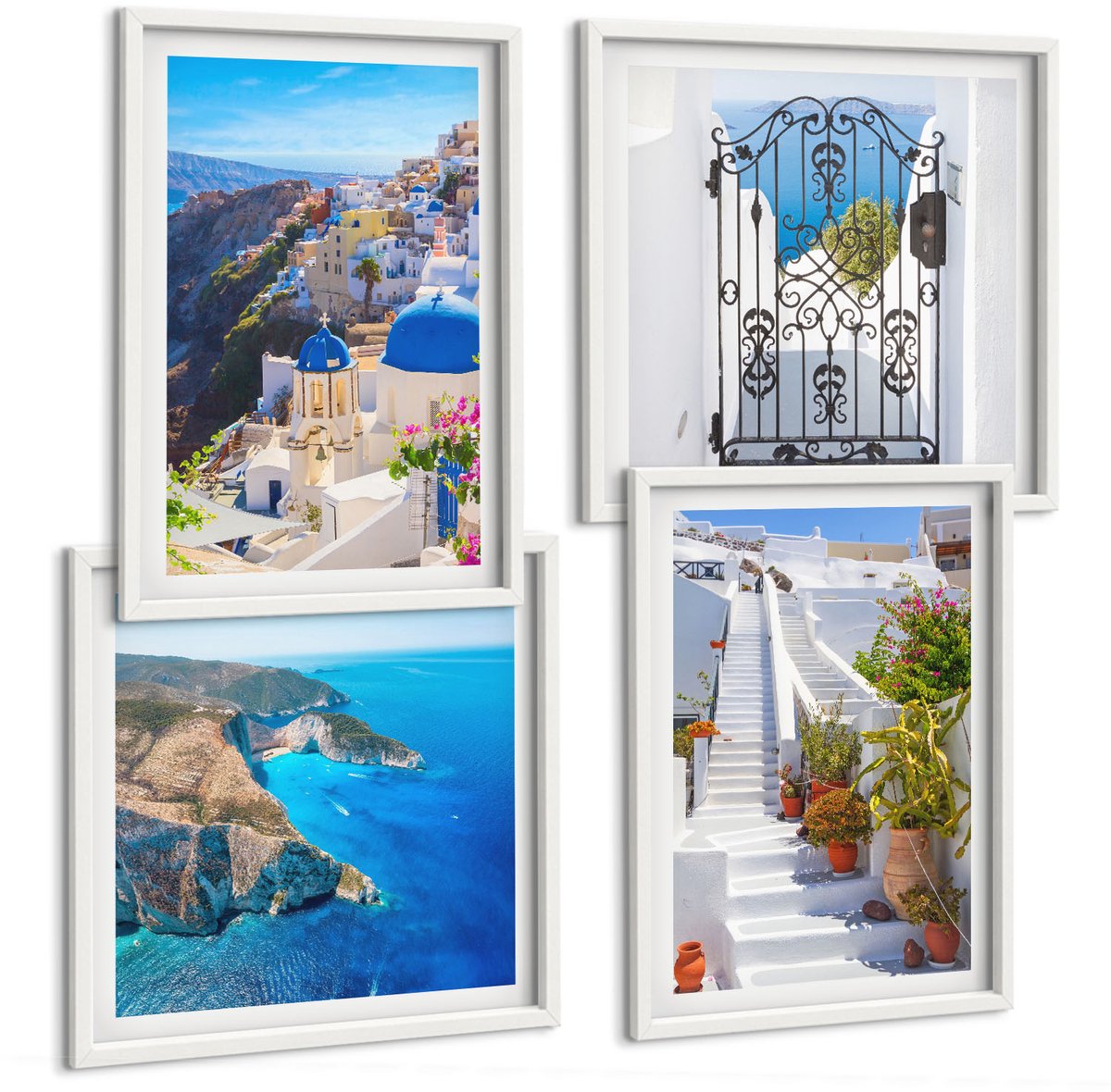 Wallfluent 4-Delige Schilderij Set - Uitzichten Op Santorini En De Griekse Architectuur Van De Stad Oia. - 40 x 40 En 40 x 60 - Muurdecoratie - Wanddecoratie - Slaapkamer - Stijlvolle Muurdecoratie