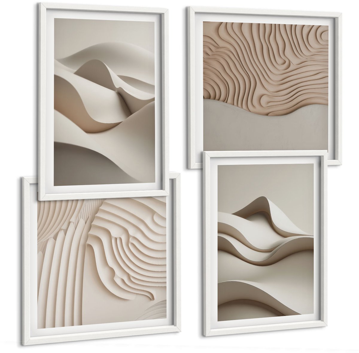 Wallfluent 4-Delige Schilderij Set - Abstracte Golven En Structuren In Beigetinten - 40 x 40 En 40 x 60 - Schilderijen Set - Wanddecoratie - Woonkamer - Moderne Wanddecoratie