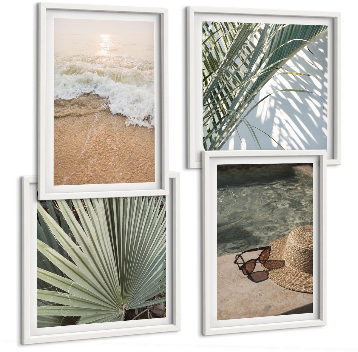 Wallfluent 4-Delige Schilderij Set - Water Strandhoed En Zonnebril Bladeren - 40 x 40 En 40 x 60 - Wanddecoratie - Muurdecoratie - Woonkamer - Woonkamer Decoratie
