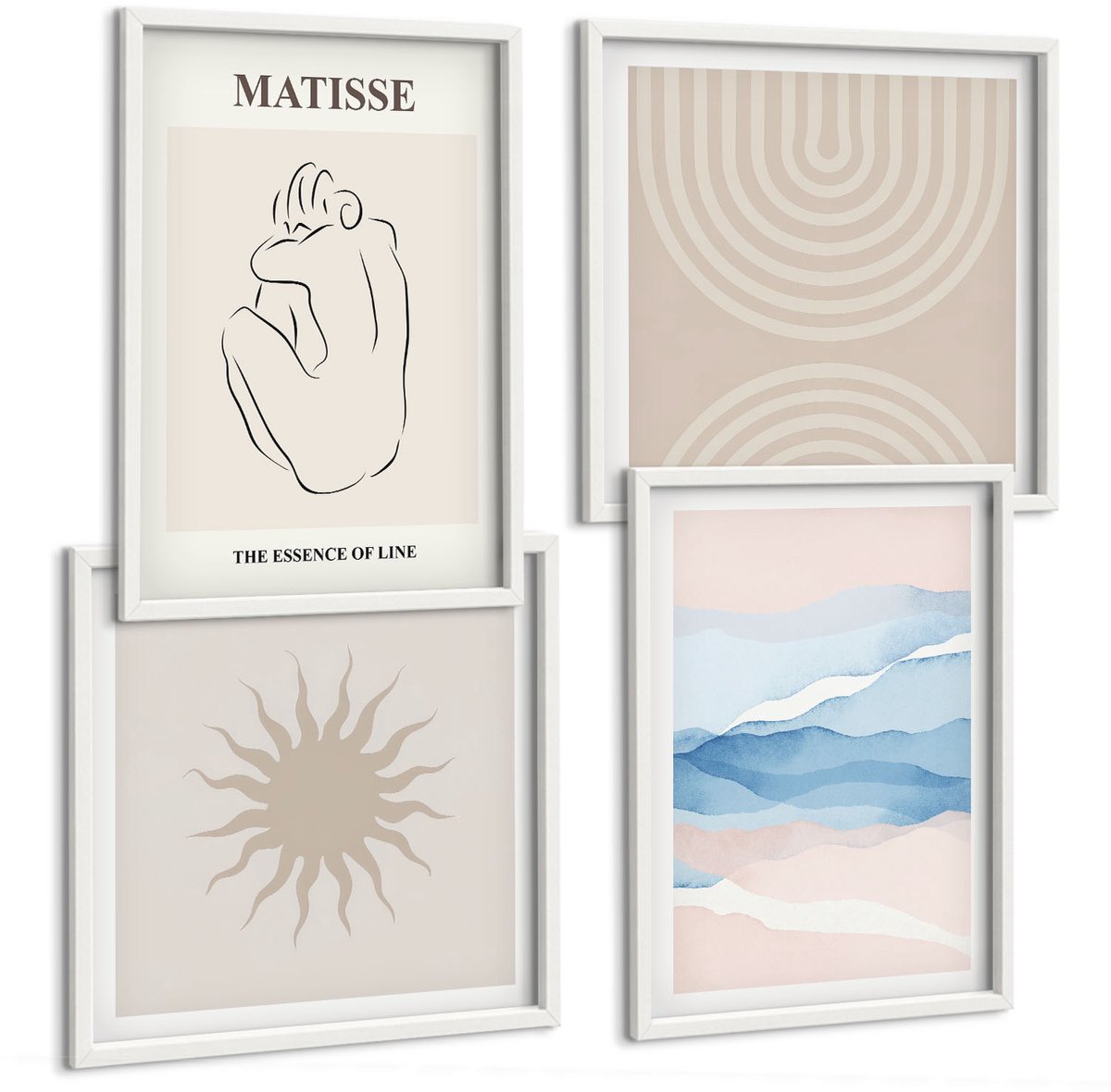 Wallfluent 4-Delige Schilderij Set - Lijnen En Golven In Pasteltinten Met Een Minimalistisch Accent. - 40 x 40 En 40 x 60 - Muurdecoratie - Schilderijen Set - Woonkamer