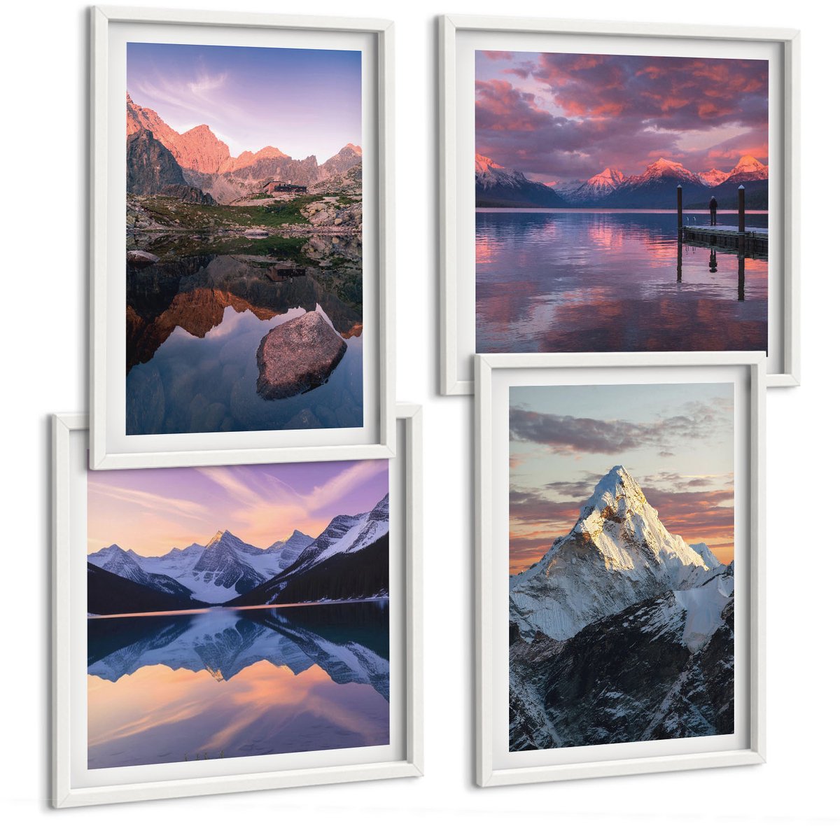 Wallfluent 4-Delige Schilderij Set - Berglandschappen Met Water En Rotsen Op De Achtergrond. - 40 x 40 En 40 x 60 - Schilderijen Set - Wanddecoratie - Woonkamer