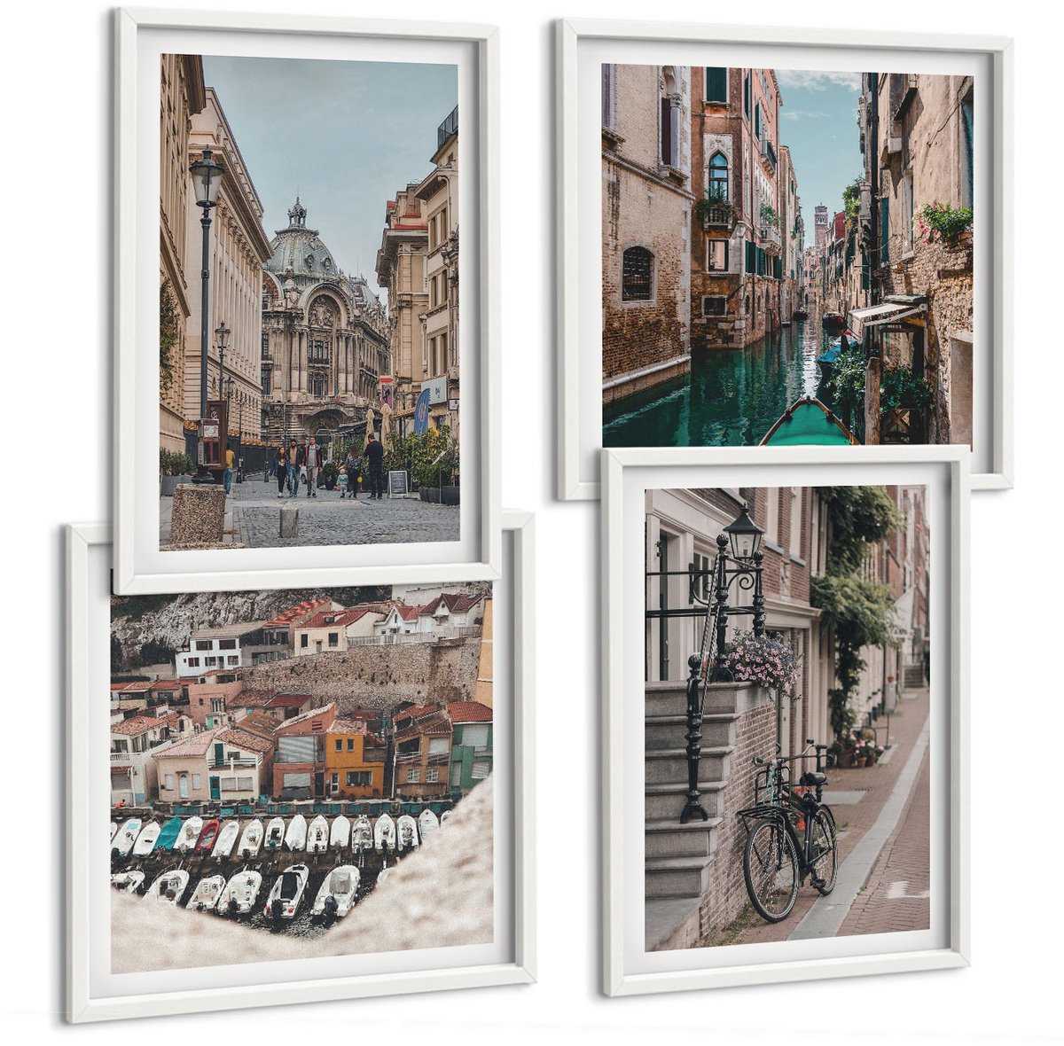 Wallfluent 4-Delige Schilderij Set - Sfeervolle Stadsstraten Met Uitzicht Op Havens En Gebouwen. - 40 x 40 En 40 x 60 - Stijlvolle Muurdecoratie - Slaapkamer - Interieur Decoratie