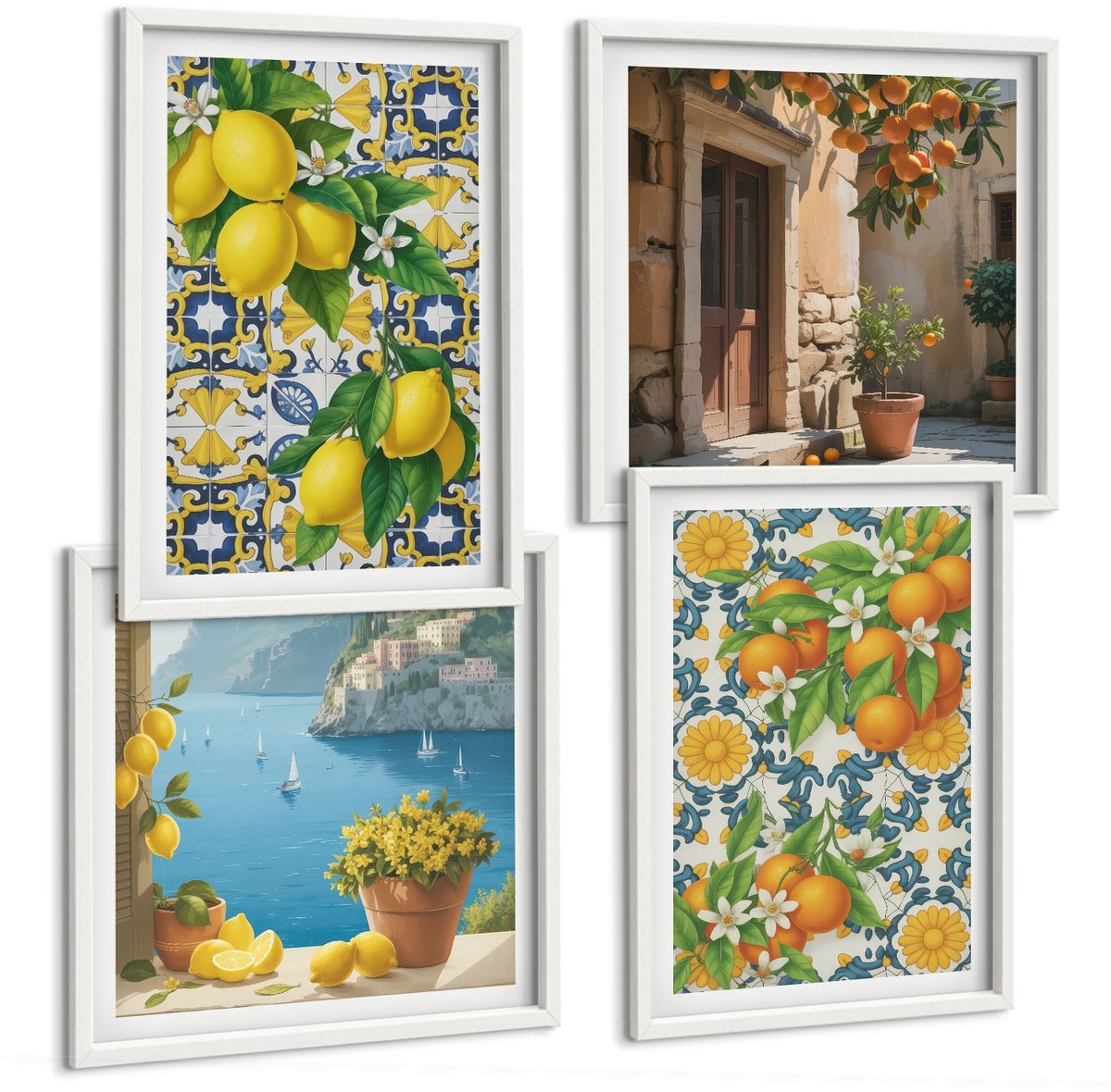 Wallfluent 4-Delige Schilderij Set - Citroenen, Bloemen En Sinaasappels In Italiaanse Stijl - 40 x 40 En 40 x 60 - Wanddecoratie - Moderne Interieurdecoratie - Interieur Decoratie