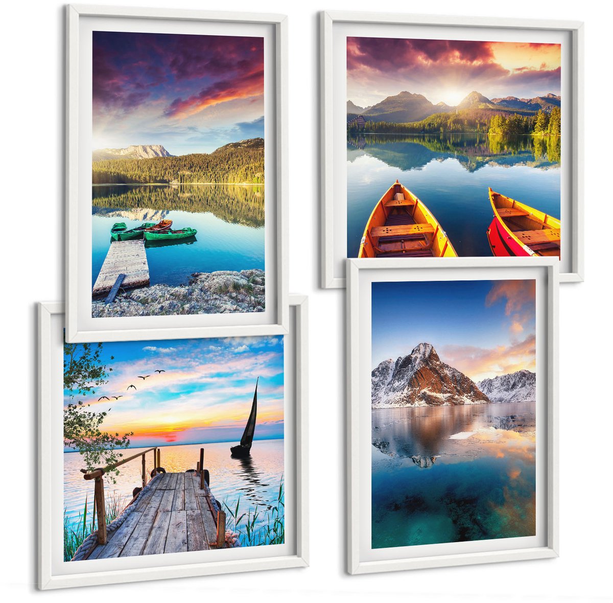 Wallfluent 4-Delige Schilderij Set - Rustige Meren Met Berglandschap En Boot - 40 x 40 En 40 x 60 - Decoratieve Schilderijen - Wanddecoratie - Hal