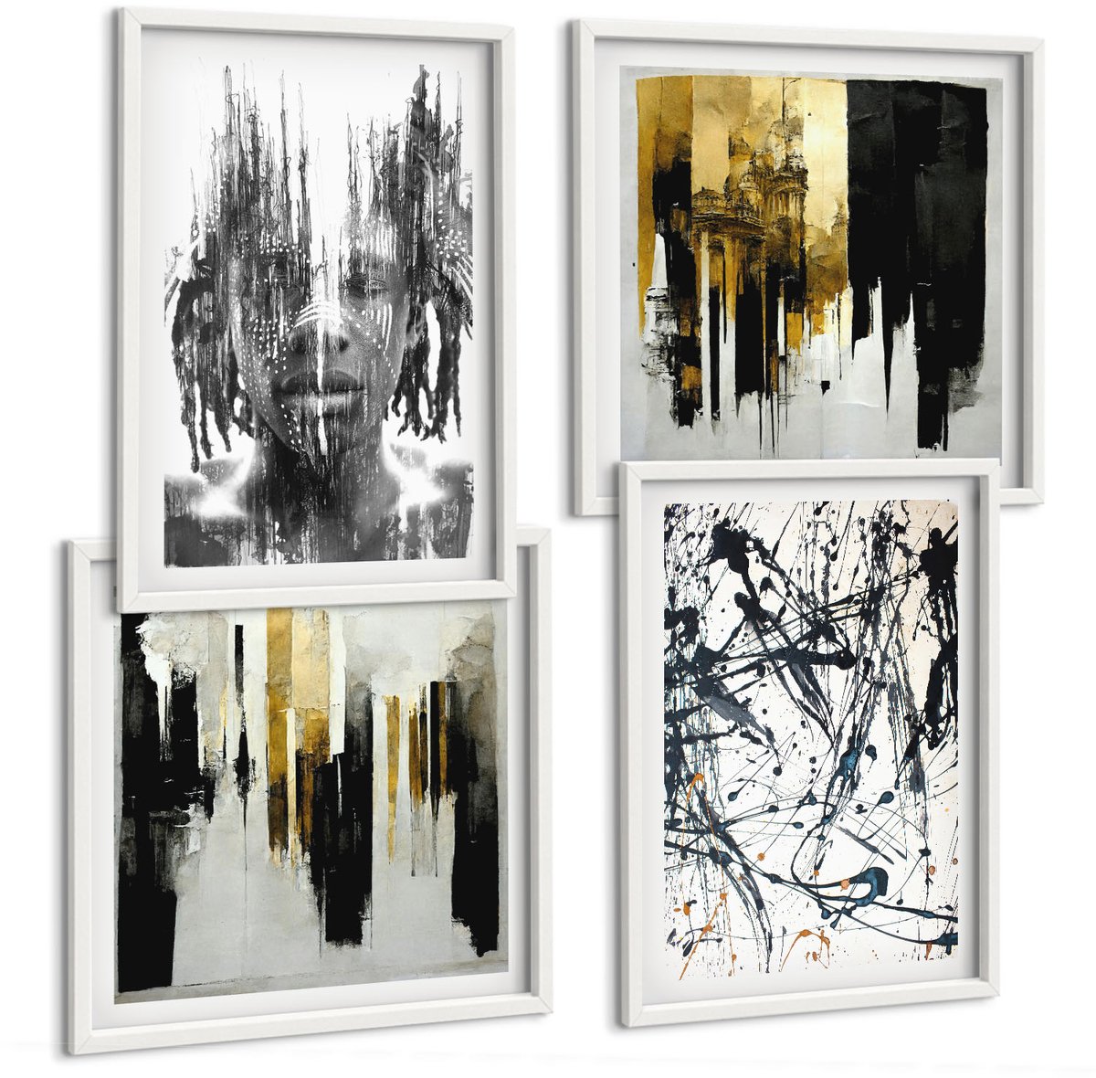 Wallfluent 4-Delige Schilderij Set - Contrasterende Abstracties Met Portret En Architectuur - 40 x 40 En 40 x 60 - Stijlvolle Muurdecoratie - Kantoor - Decoratieve Schilderijen