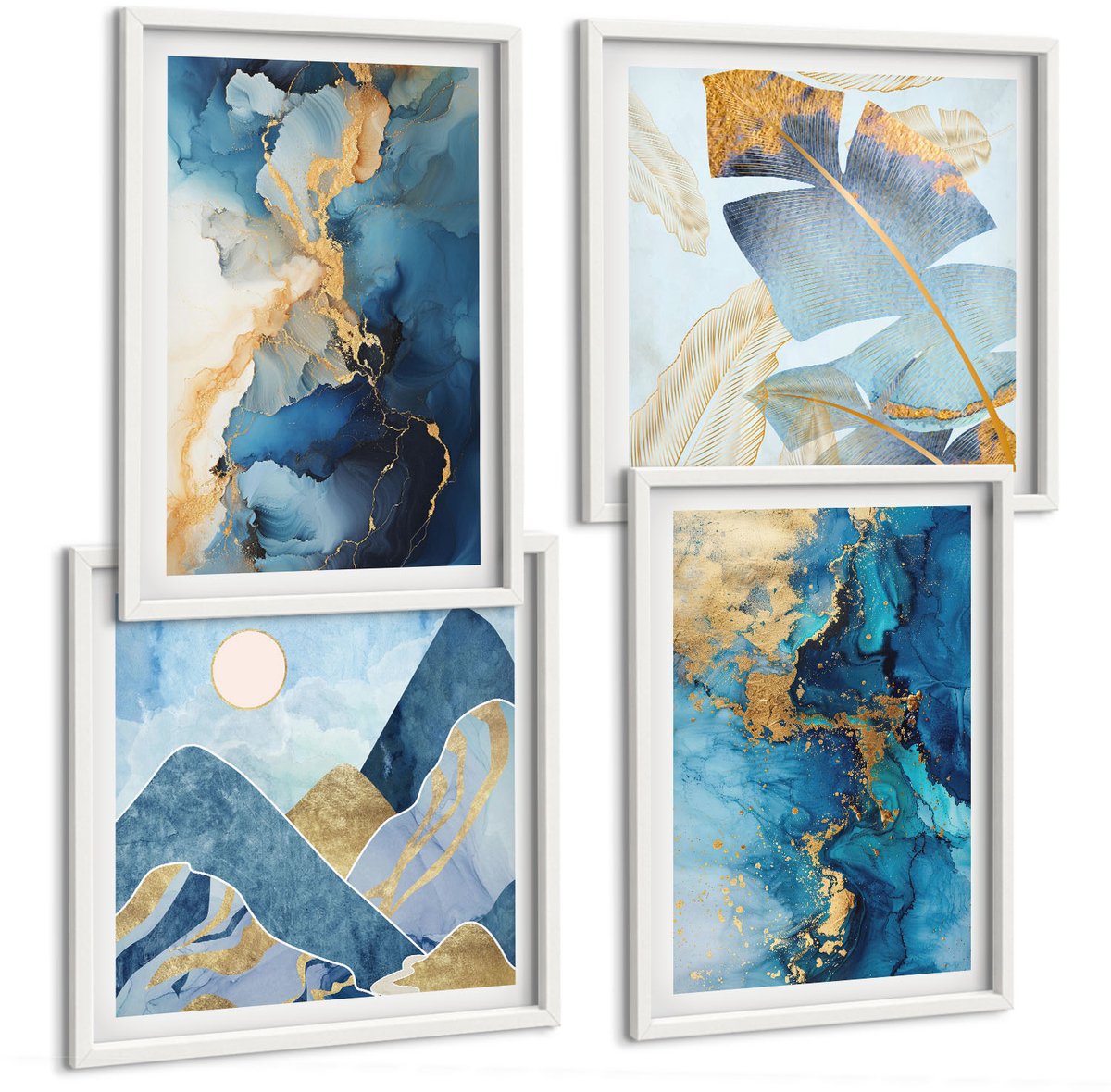 Wallfluent 4-Delige Schilderij Set - Abstracte Patronen Van De Blauwe Bergen - 40 x 40 En 40 x 60 - Schilderijen Set - Wanddecoratie - Woonkamer - Stijlvolle Muurdecoratie