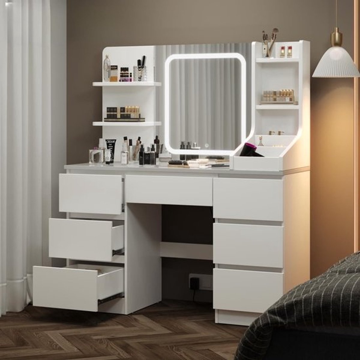 Kaptafel met LED Verlichting - Make-uptafel Schminktafel - Make-up Opbergen - Grote Spiegel - 110 x 40cm - Wit