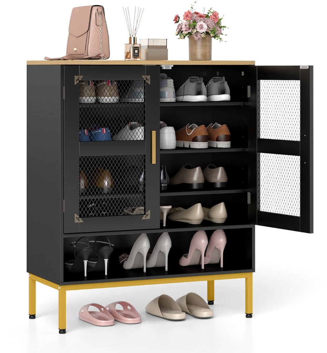 SureDeal® - Schoenenkast - Vijfdelige - Gaasdeuren Moderne Houten - Verstelbare Planken - Metalen Poten - 70x35x93 cm - Zwart