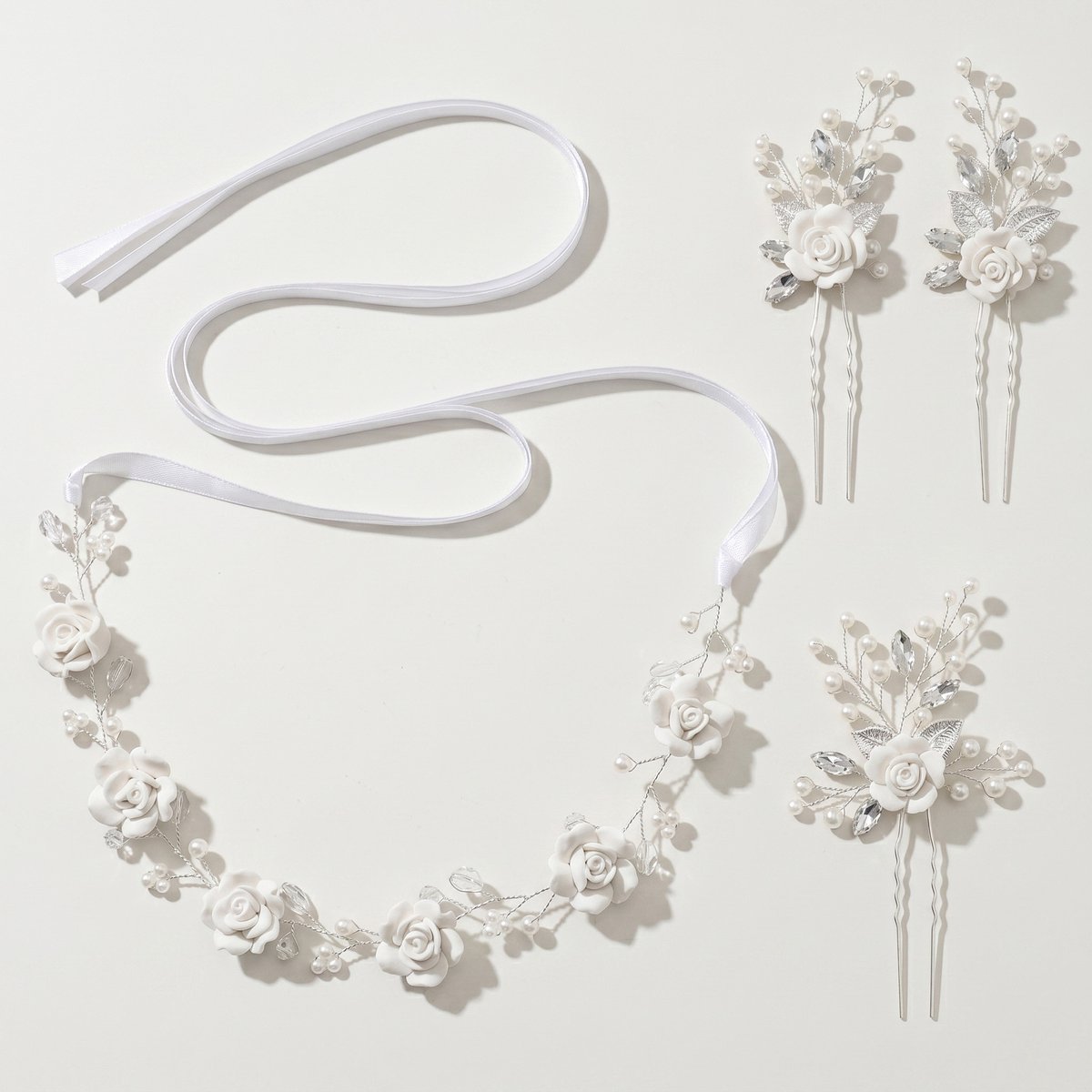 Bruid Bloemen Haarband Set, Handgemaakte Roos Haarband met 3 Haarspelden, Trouw Haaraccessoire voor Bruidsmeisjes,Set met witte rozenhaarspeld en haarband
