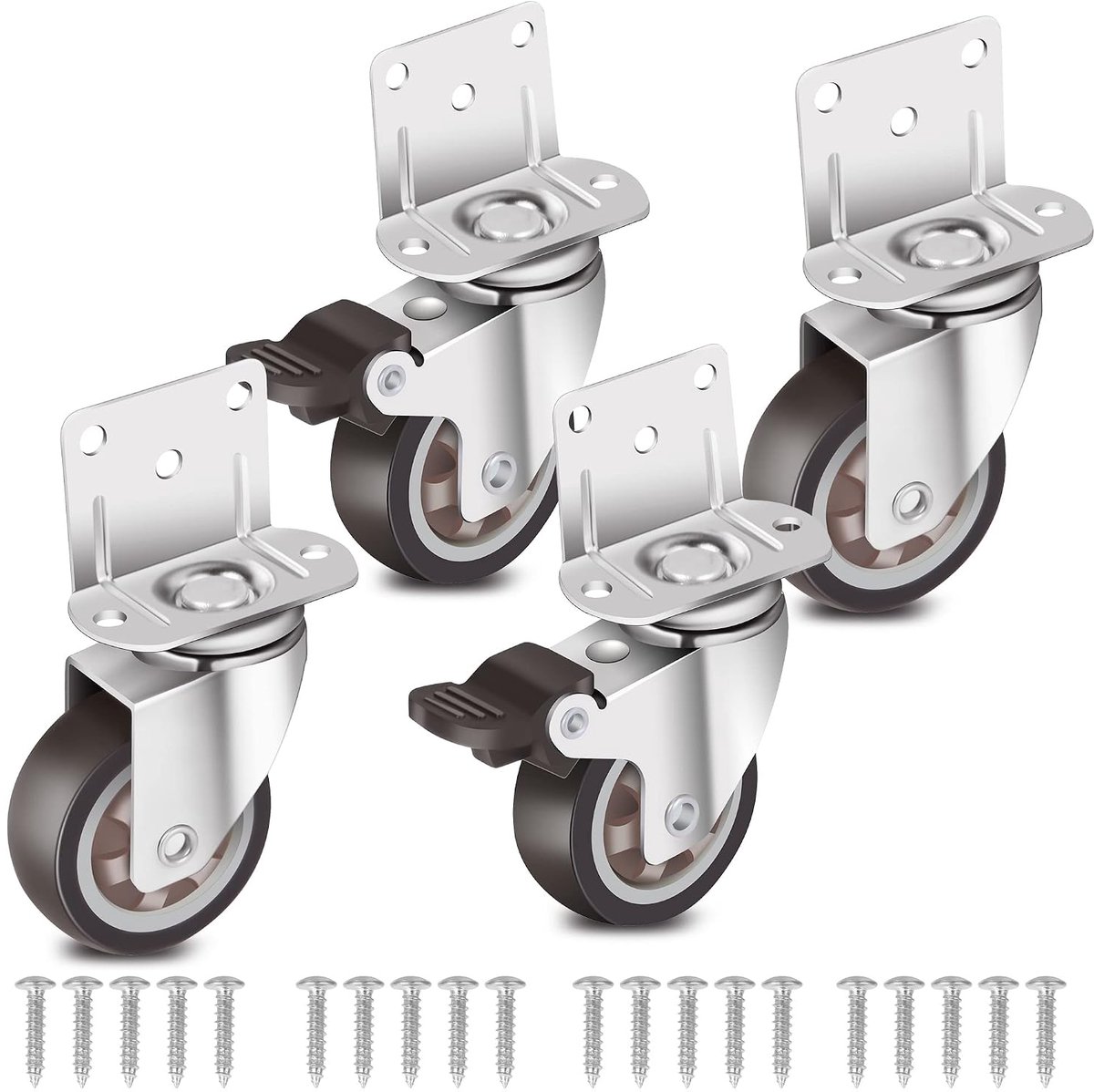 Zwenkwielen 22 mm - Set van 4 - 2x Met Rem - Stil & Krasvrij
