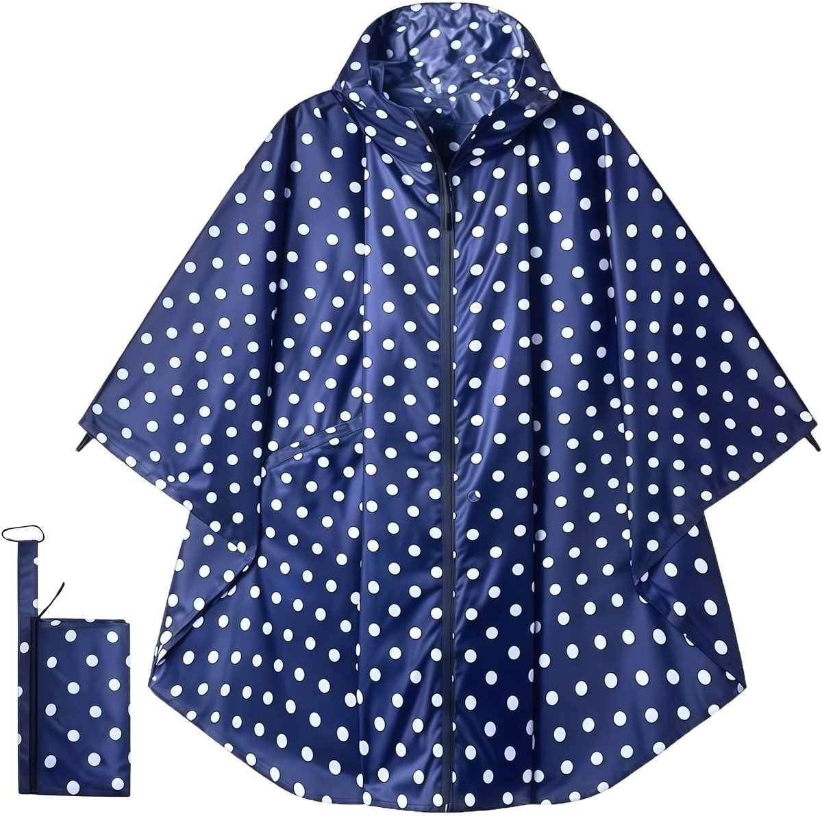 YAGXIG Poncho Regenjas - 3-in-1 Poncho Regenjas - Regenjas - Met Zakken - Unisex Volwassenenmaat - Blauw-witte stippen - Waterdichte Ritssluiting - 240T Polyester Taft PU Materiaal