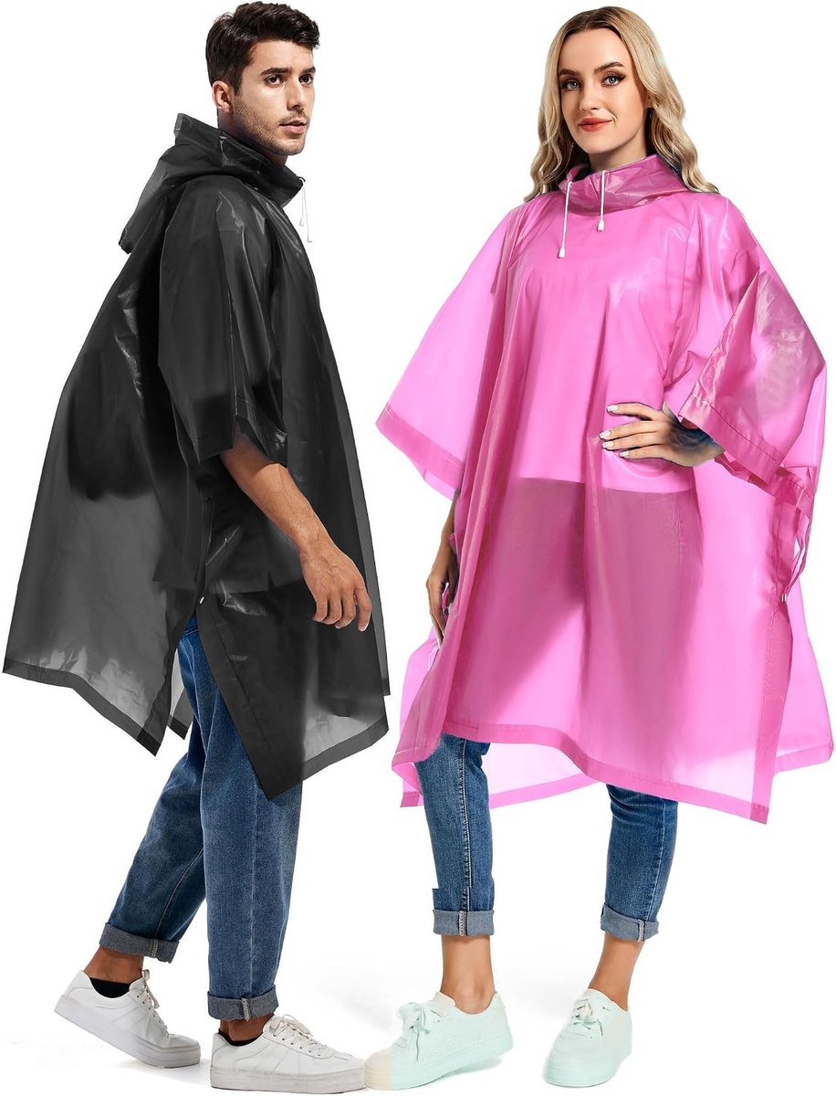 YAGXIG Regenponcho voor volwassenen - Regenjas - Herbruikbaar - Warme noodregenjas - Poncho-stijl - Lange poncho - Met capuchon met trekkoord - Zwart + Roze - One size fits adults 1.6m tot 1.9m lengte
