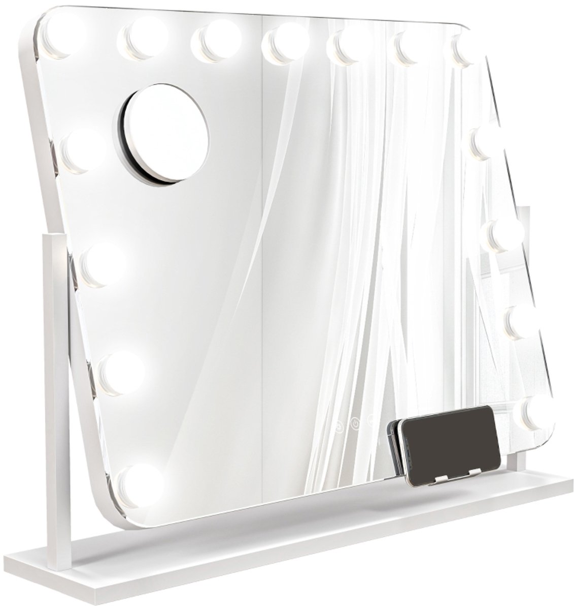 Make‑upspiegel‑14 verstelbare LED‑lampen‑USB oplaadbaar‑glas metaal‑afmetingen 62,5 x 14 x 49,5 cm‑wit