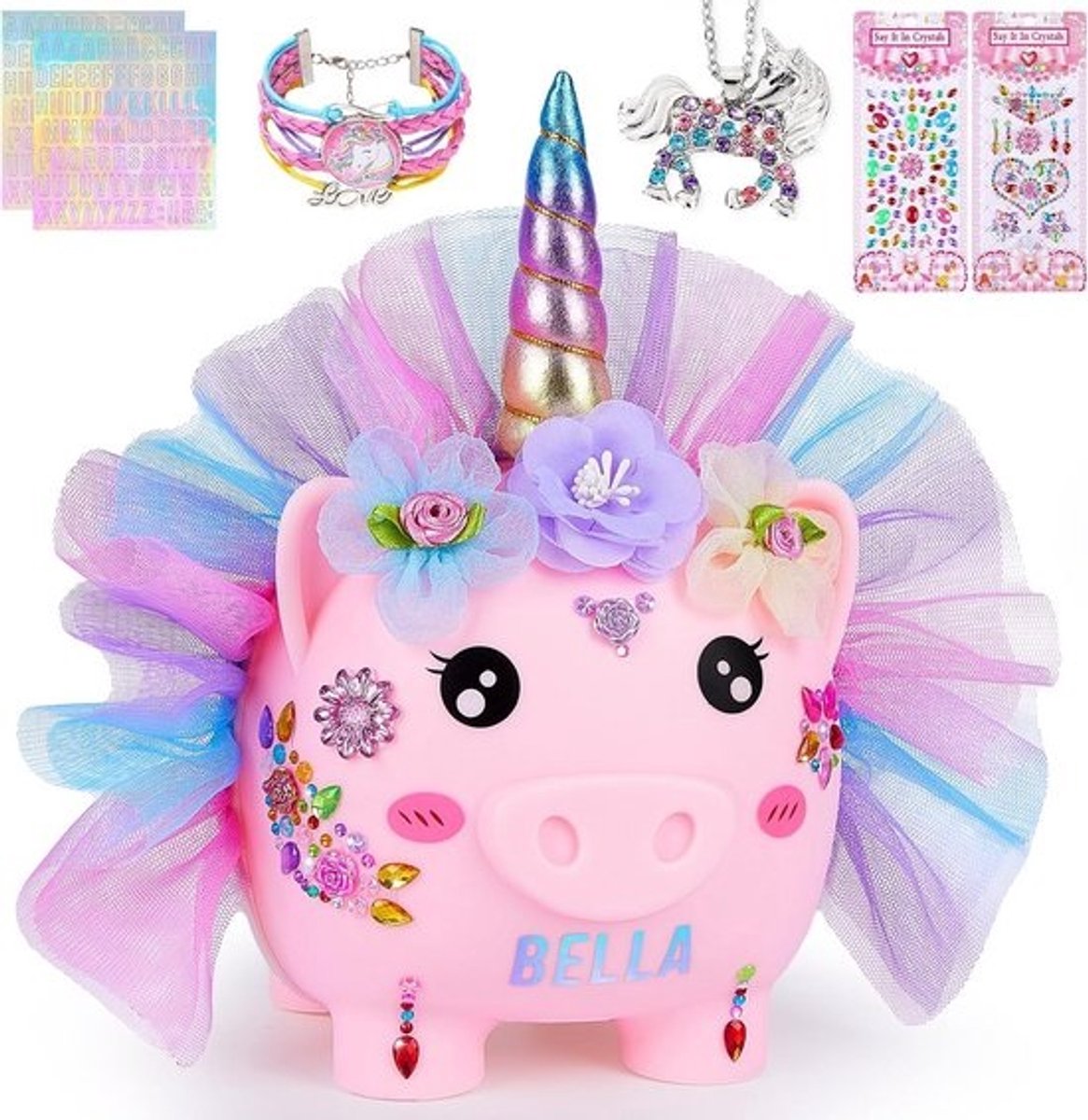 Unicorn Spaarpot voor Meisjes met Sieraden - Stevige Spaarpot met Ketting en Armband Cadeauset