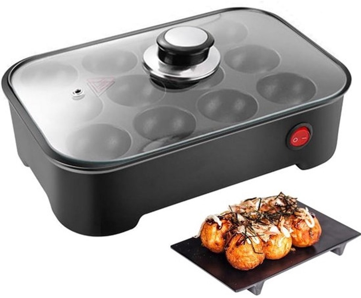 Elektrische Takoyaki Maker (12 Gaten) - Mini Pannenkoeken & Octopus Ballen Pan met Deksel