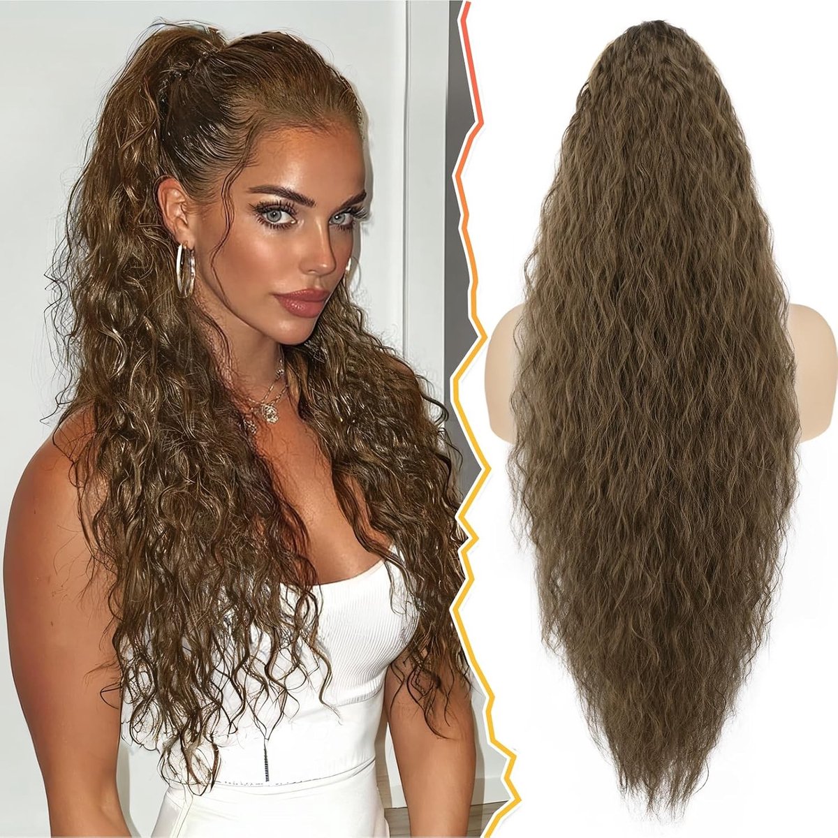 Lange Bruine Ponytail Extensions van 76 cm, Krullend en Golvend, Natuurlijke Uiterlijk Haarstuk voor Vrouwen, Perfect voor Feestjes en Dagelijks Gebruik