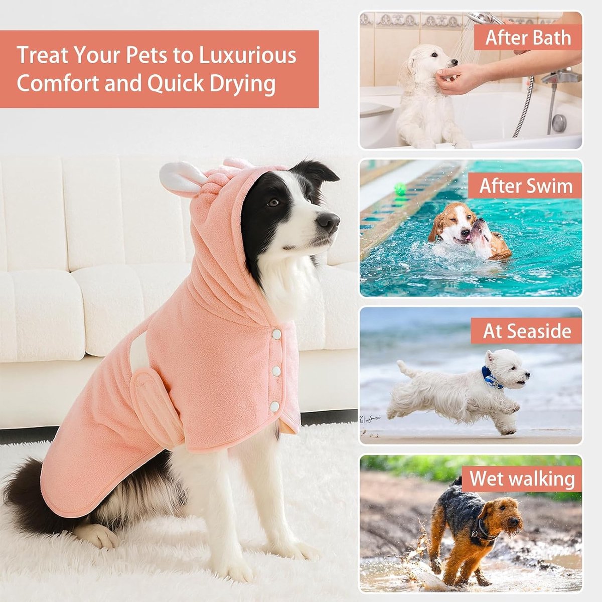 Verstelbare Microvezel Badjas voor Honden en Katten, Sneldrogend en Super Absorberend, Schattige Kap met Verstelbare Kraag voor Dieren van XS tot XL (Koraalroze, S)