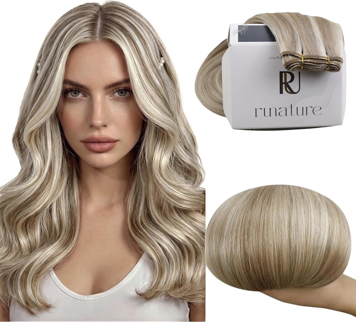 Echte Haarextensions in Aschbruin en Platinblond met Weft - 55cm, 100g, Remy Haar voor Haarverlenging en Volumen