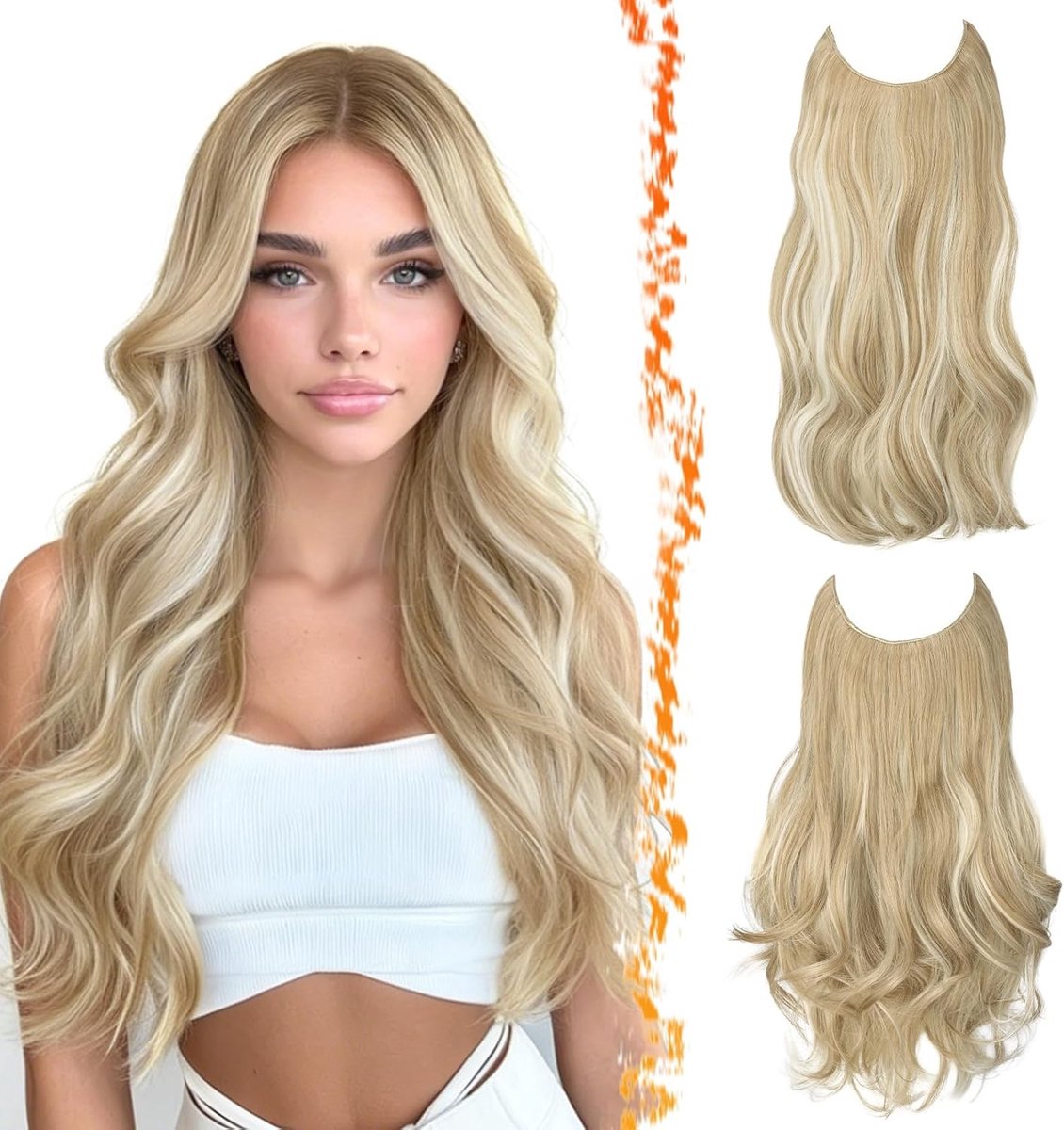 2 Stuks Medium Blonde Onzichtbare Draad Haarextensions van 50 cm, Zachte Golven en Vlinderknip voor Vrouwen met Highlights