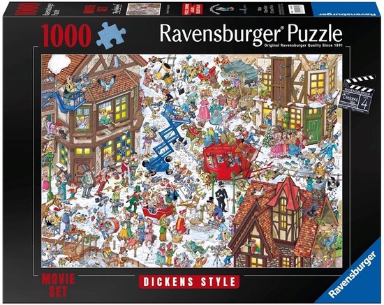 Puzzle Ravensburger de 1000 pièces, Dickens Style Movie Set, représentant une scène de village hivernal animée par des personnages.