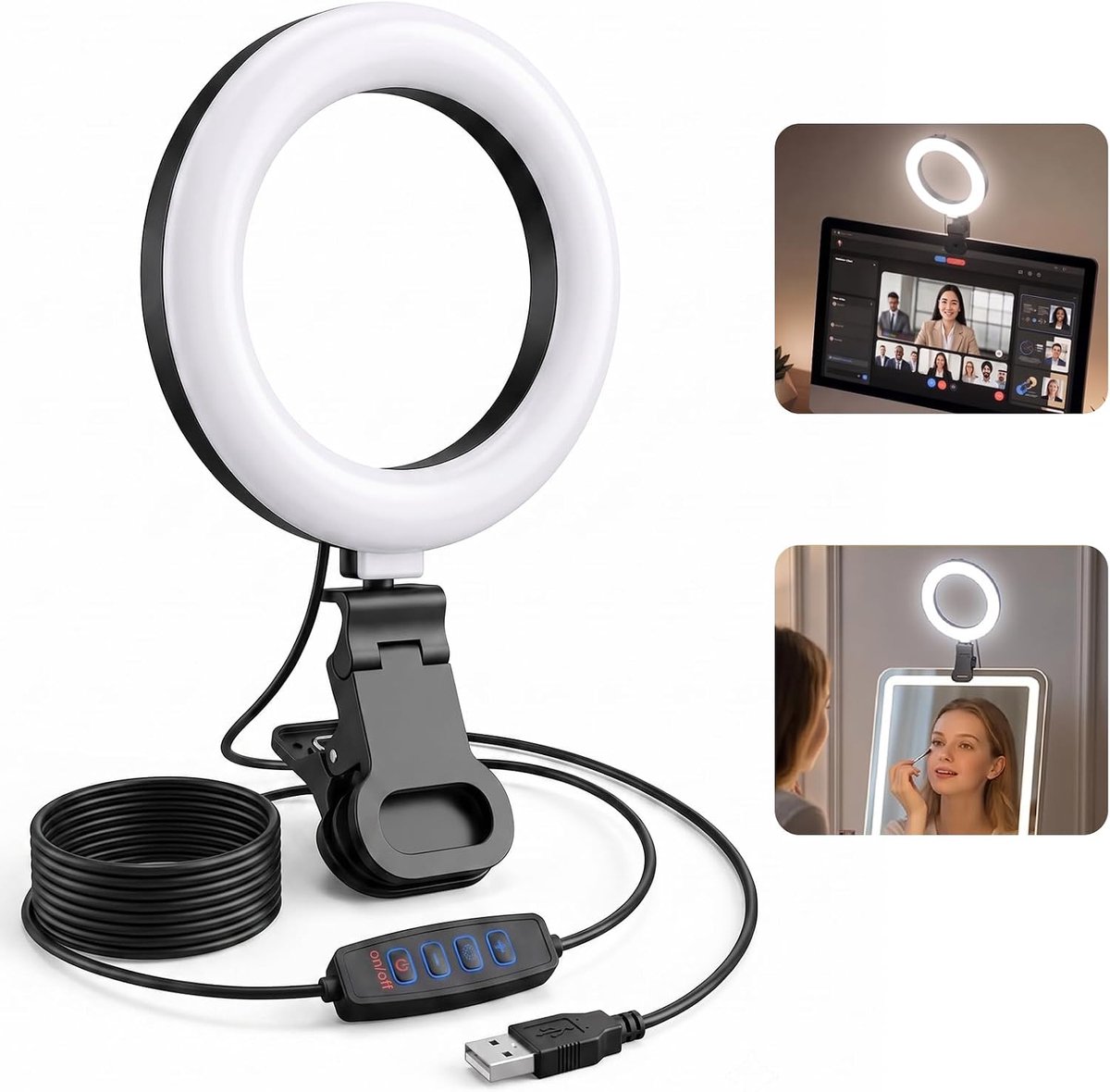 SnelShoppen - Ringlicht voor Videoconferentie, Webcam Licht met 3 Kleurtemperaturen en 5 Helderheidsniveaus voor Laptop, Zoom, Live Streaming en Influ