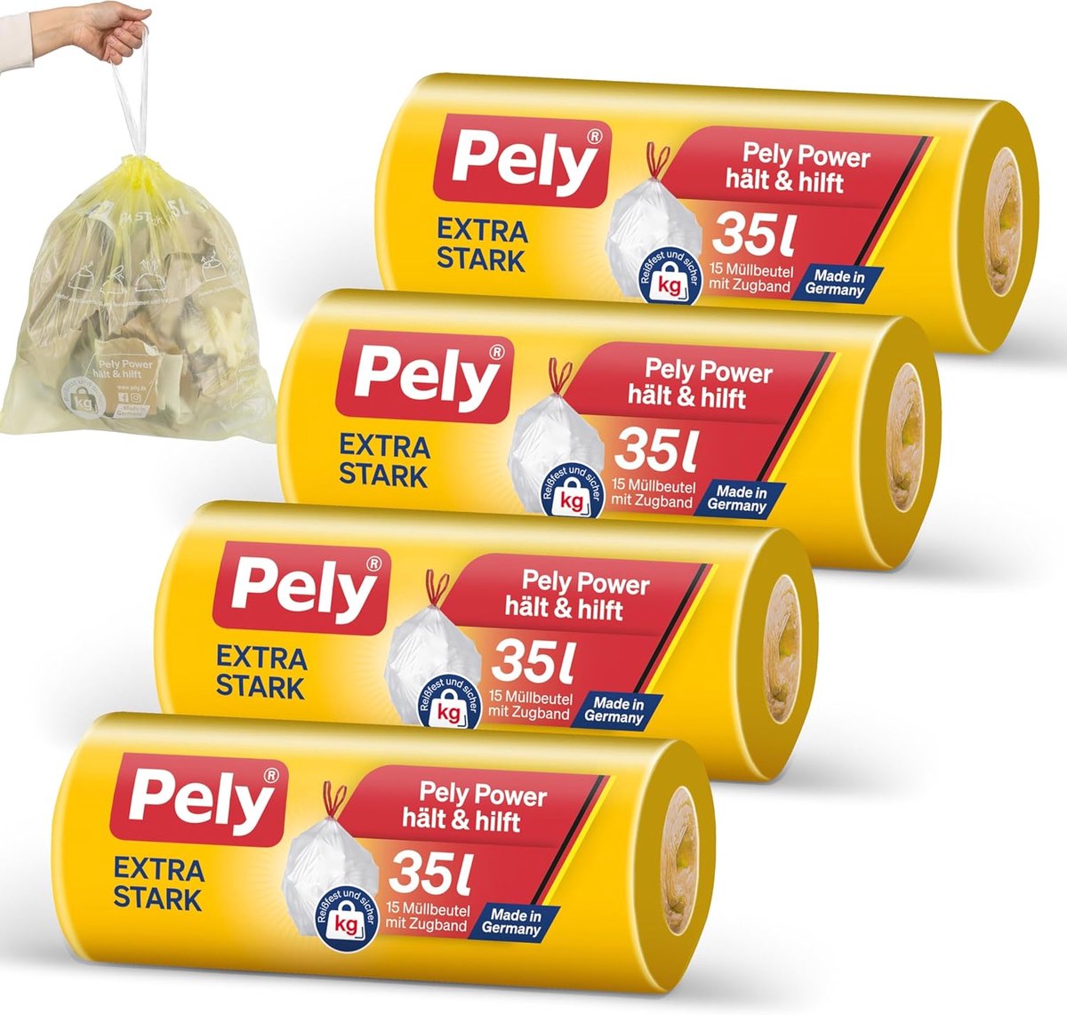 SnelShoppen - Pely Afvalzakken Trekkoord Extra Sterk 35 Liter - Waarde pakket (4 x 15 stuks) Geel - Voor Huishoudelijk Afval, Tuin, Keuken en Feest