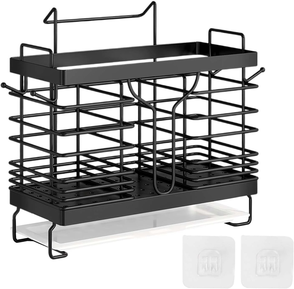 SnelShoppen - Black Cutlery Dish Rack, Metaal Keuken Bestek Houder - Bestekopslag voor Werkblad of Wandhouder Inclusief, Afvoer voor Lepels, Vorken, M