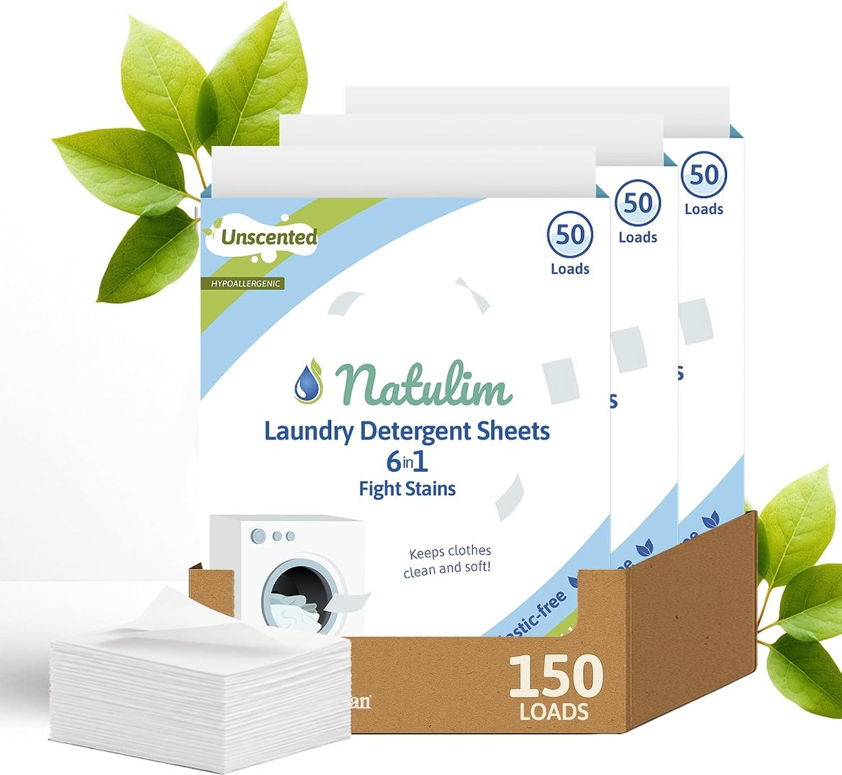 SnelShoppen - Ecologische Wasmiddel Strips 150 Wassen - Hypoallergeen, Vloeibaar Wasmiddel Effect, 3 x 50 Stuks, Ongeparfumeerd, Voor Schone en Zachte