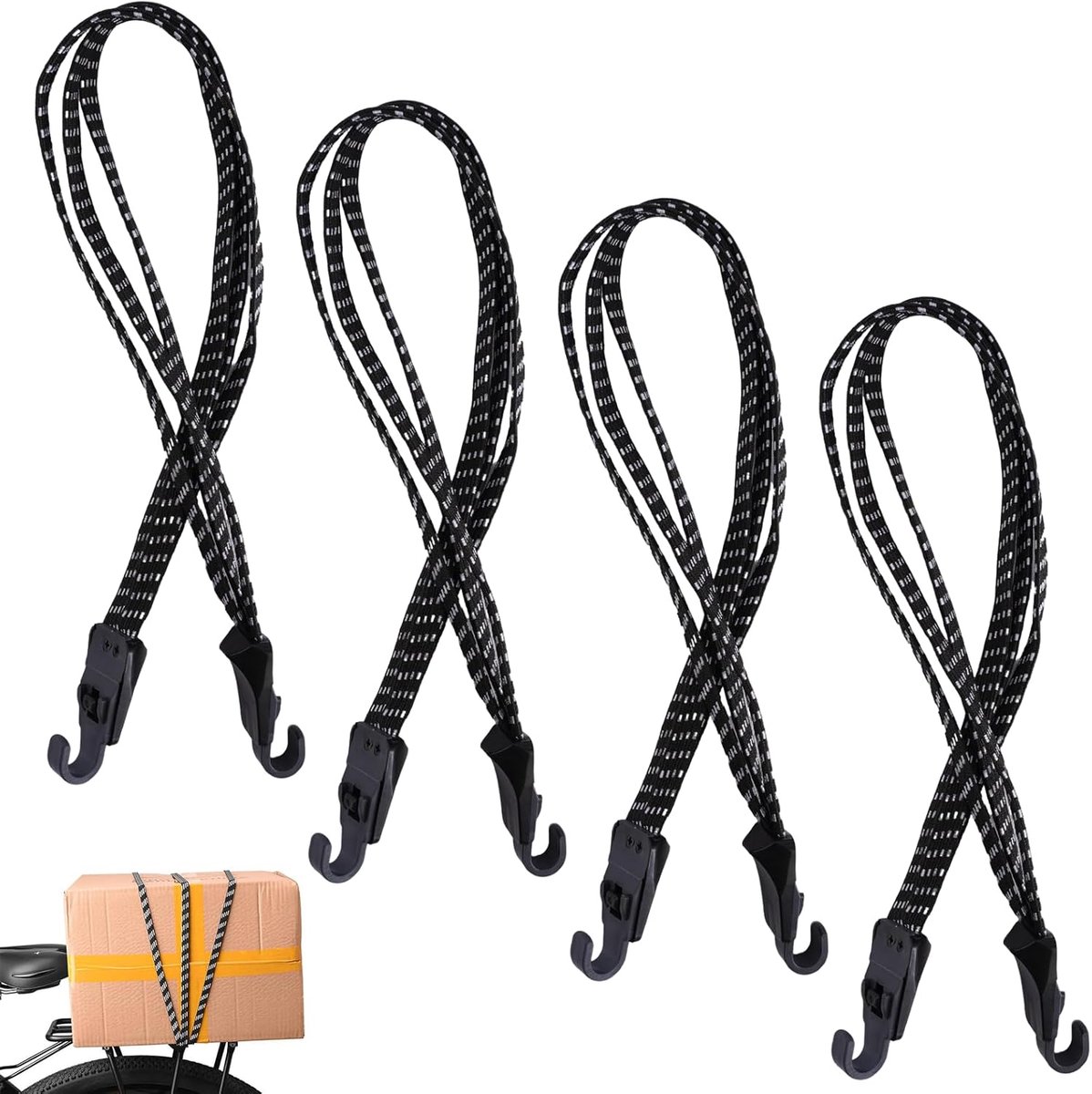 SnelShoppen - 4 Stuks Fietslading Straps, 65/75cm Verstelbare Elastische Ladingbanden met Haken voor Fiets, Motoren, Trucks en Trailers, Ideaal voor L