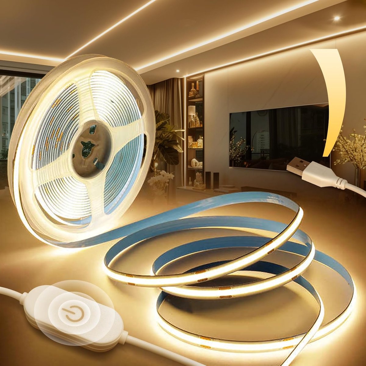 SnelShoppen - USB 5V Dimbare COB LED Strips 1M Warm Wit 3000K - Zelfklevende 320 LEDs/M, Flexibele Licht Tape voor Slaapkamers, Keuken, Spiegels en TV