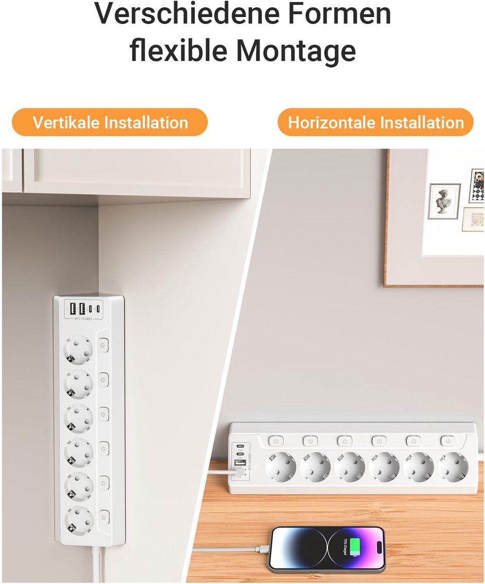 SnelShoppen - Hoek Stopcontactstrip met 6 Individueel Schakelbare Stopcontacten, 4 USB Poorten (2 x USB-C + 2 x USB-A), Overspanningsbeveiliging, 2 m