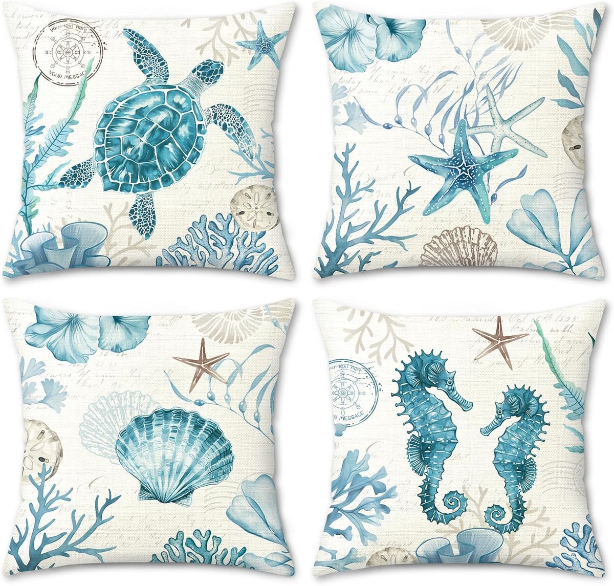 SnelShoppen - Kussenhoezen set van 4, nautische kust 45 x 45 cm, decoratieve kussenslopen voor bank, slaapkamer, auto, polyester linnen, blauw, strand