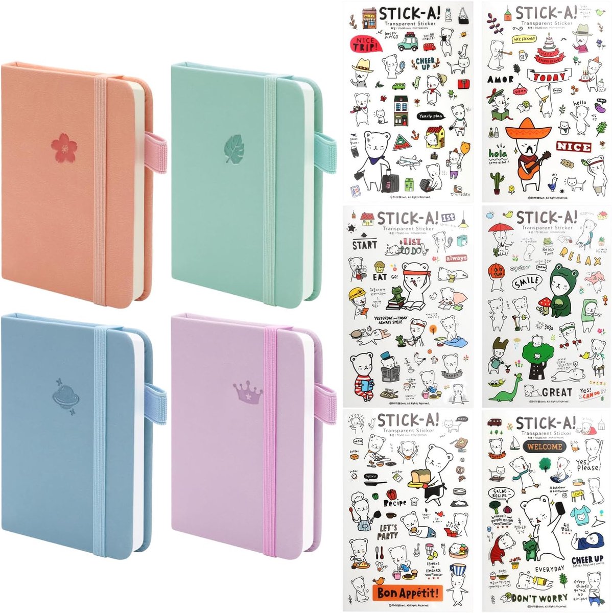 SnelShoppen - Pack van 4 A7 Notebooks - Kleurrijke Hardcover Notitieboekjes met Stickers - Compacte Memos en Roosters voor Kinderen en Volwassenen - I