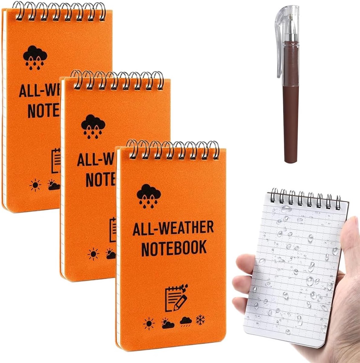 SnelShoppen - Waterproof Spiral Notebook 3 Stuks A7 Pocket Notitieboekjes met Pen - Klein, Draagbaar, Ideaal voor Reizen, School, Werk (Oranje)