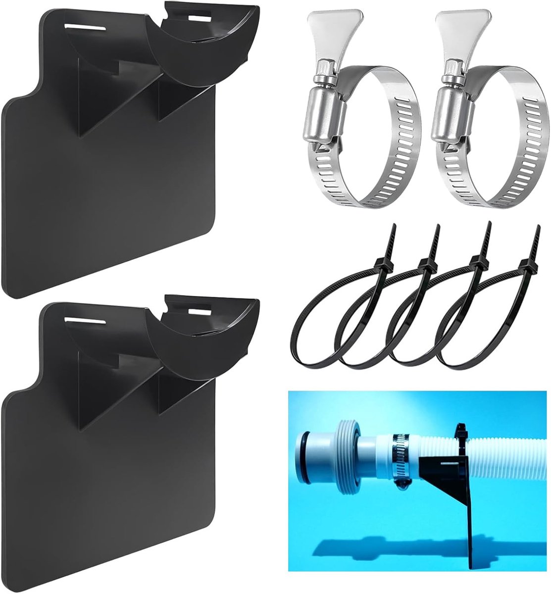SnelShoppen - Pool Hose Holders Set van 2 - Flexibele Slanghouders voor Boven Grond Zwembaden - Universele Accessoires met Slang Klem - Zwart