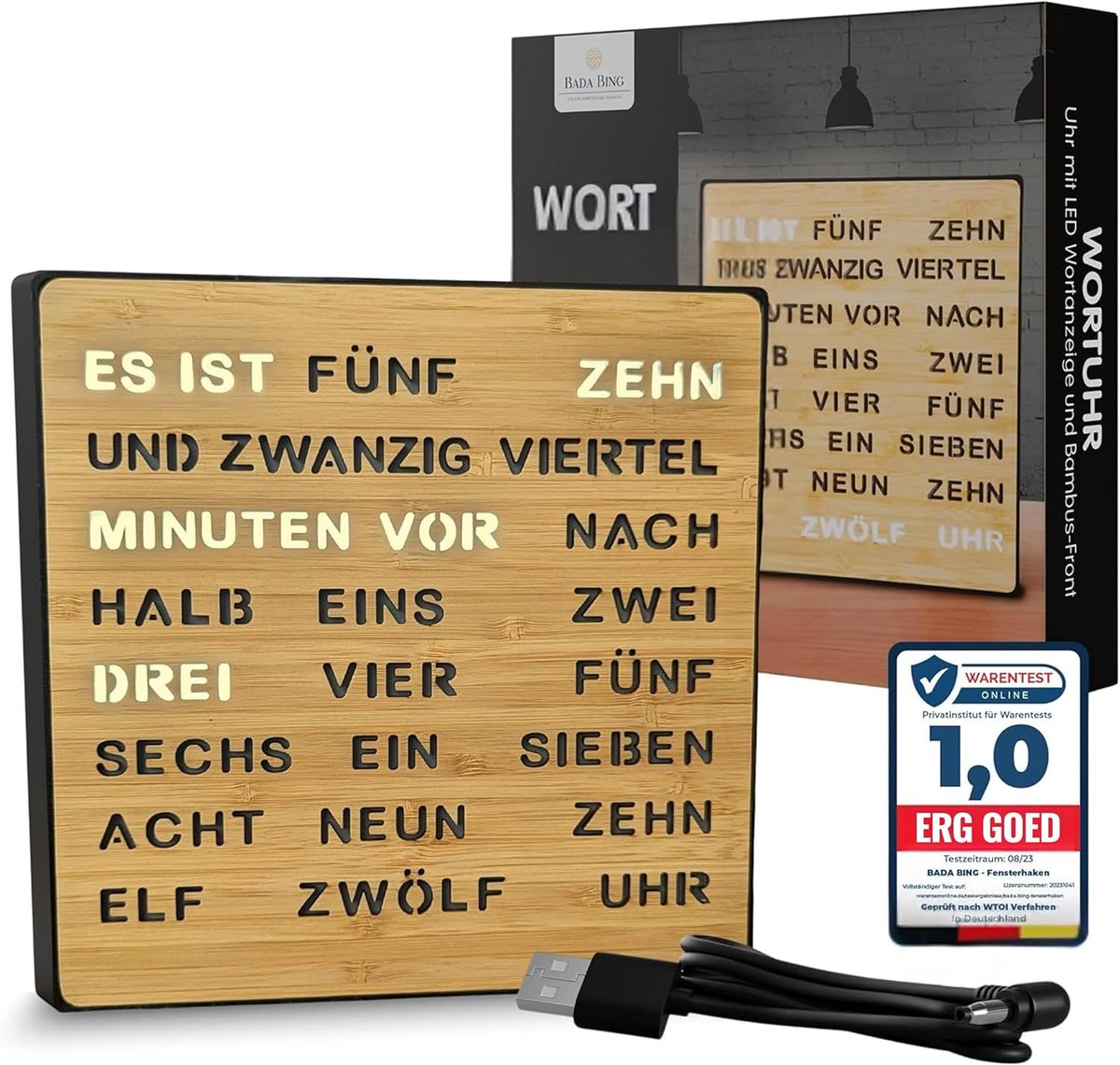 SnelShoppen - Bada Bing LED Houten Klok met Bamboe en Duitse Weergave - Moderne Wandklok met USB Kabel - Hoge Kwaliteit Stille Klok voor Plakken of Ha