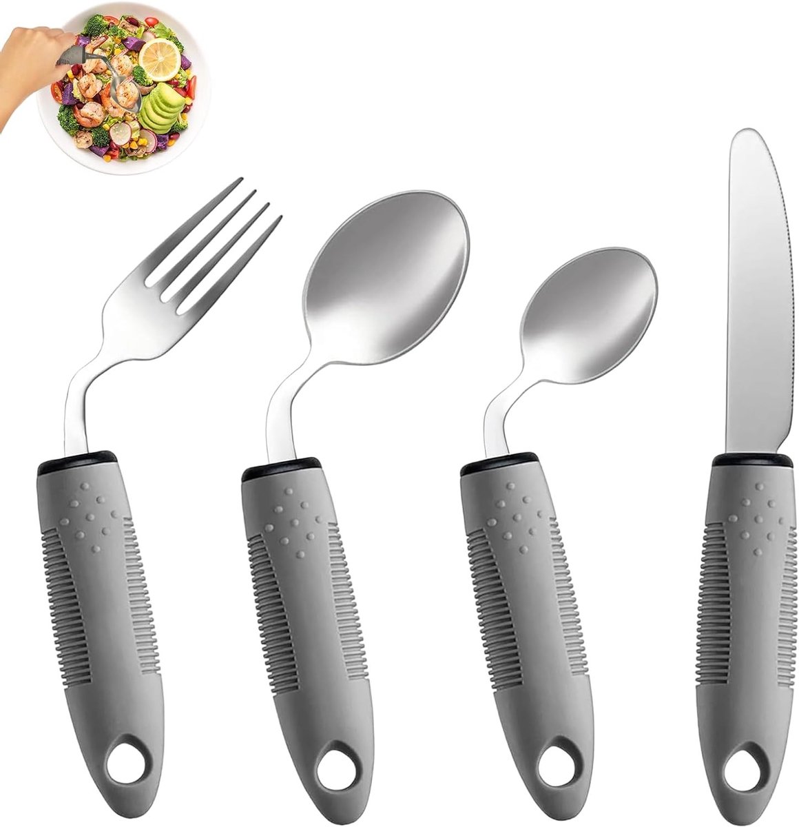 Ergonomisch Bestekset voor Parkinson en Artritis - 4-delige Set met 42° Hoek, Gewogen Bestek en Antislip Handvat voor Handtrillingen en Eten Hulp