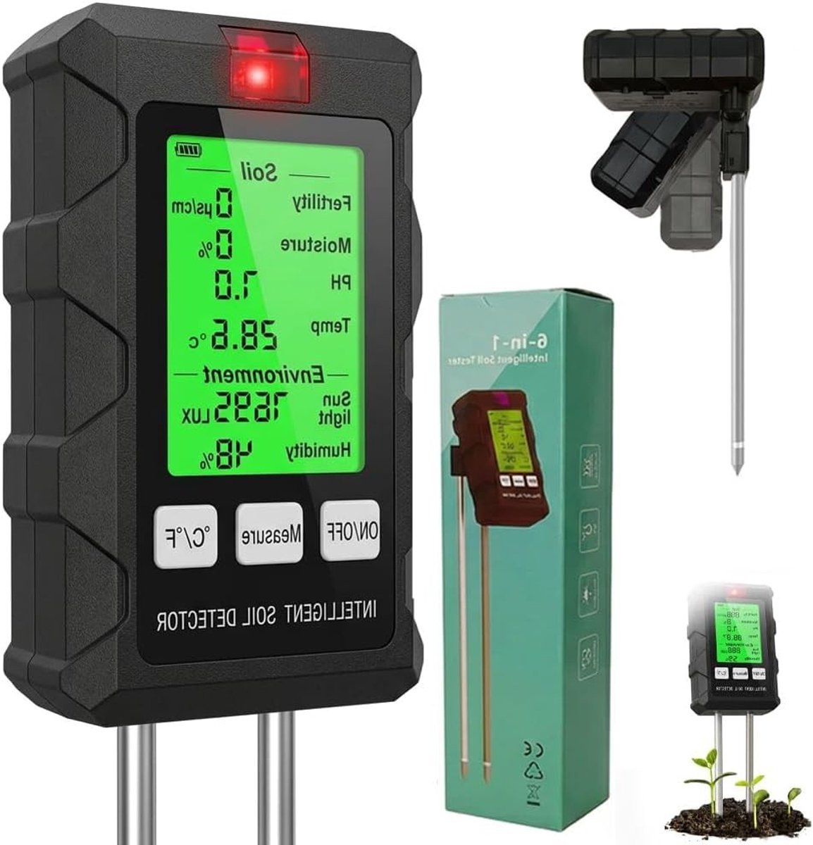 6-in-1 pH Meter en Vochtigheidsmeter voor Bodem, Ideaal voor Tuinieren en Plantenzorg met LCD Scherm, Precisie Bodemtest voor Gezonde Groei