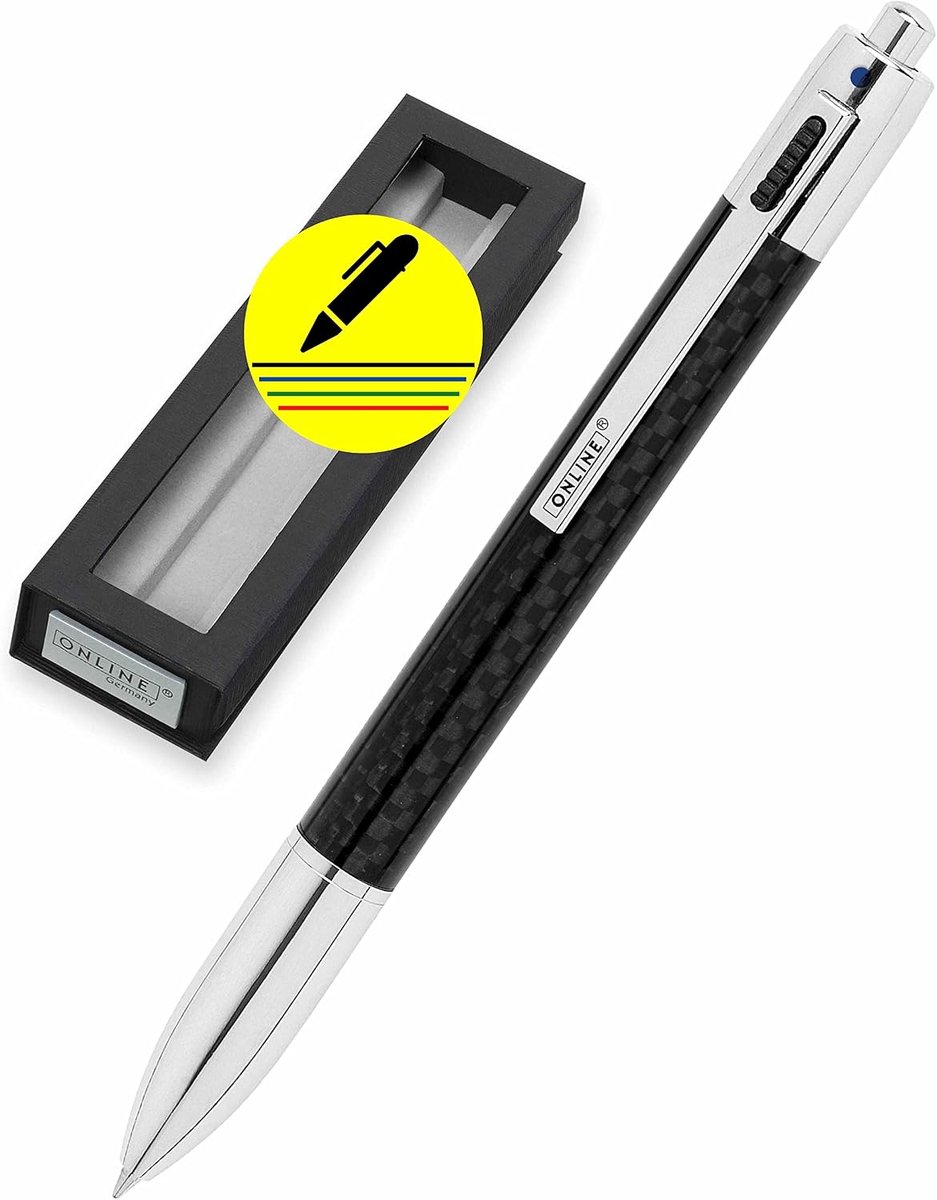 SnelShoppen - Online 4-Kleur Balpen | Multifunctionele Pen | 4 Navullingen - Blauw, Rood, Groen, Zwart | Navulbare Balpen | Stijlvolle Zwarte Carbon P