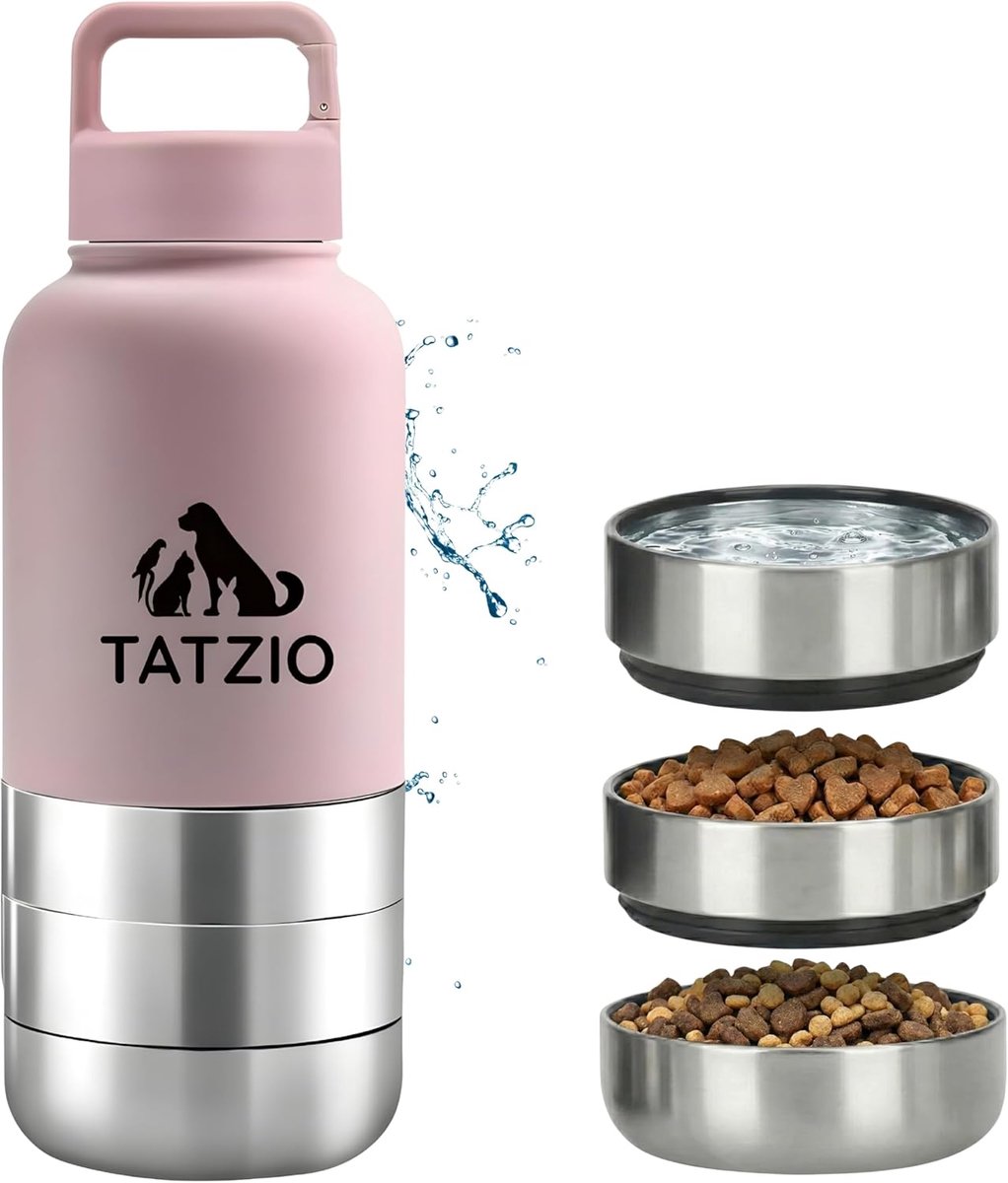 SnelShoppen - Travel Bottle 4-in-1 voor Honden en Katten, RVS Geïsoleerd Drink- en Voercontainer, Lekvrije Reis Kom met 3 Extra Reservoirs, 1000 ml, R