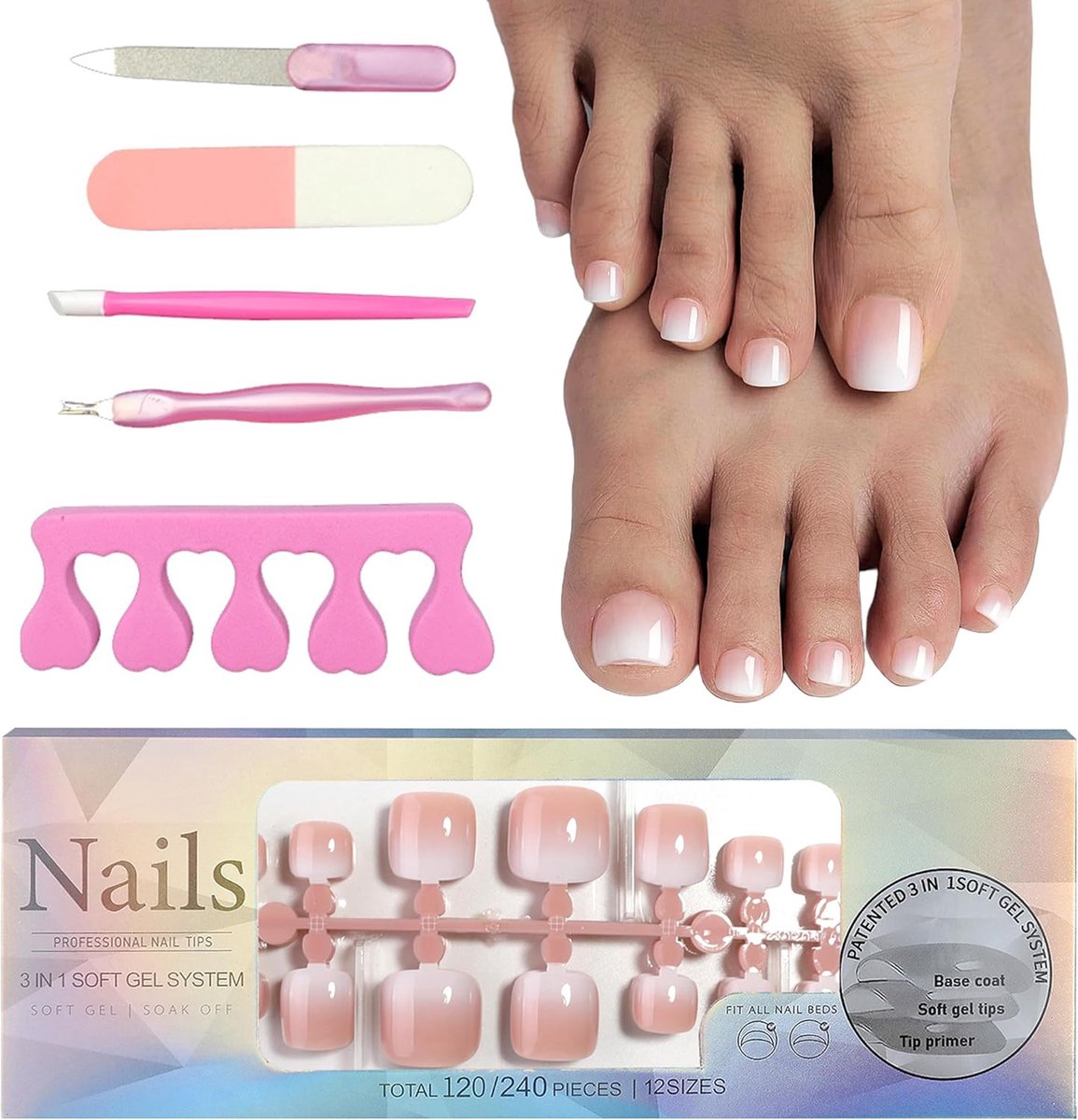 SnelShoppen - 120 Stuks Valse Teennagels, 12 Maten, Kunststof Teennagels, Volledige Dekking Acryl Kunstnagels voor Vrouwen, DIY Nagelkunst (Nude Gradi