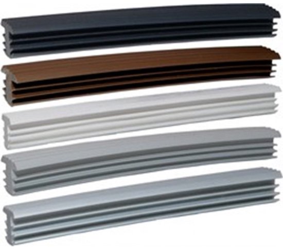 Zwart, bruin, wit, grijs en lichtgrijs antislipprofiel met ribbels.