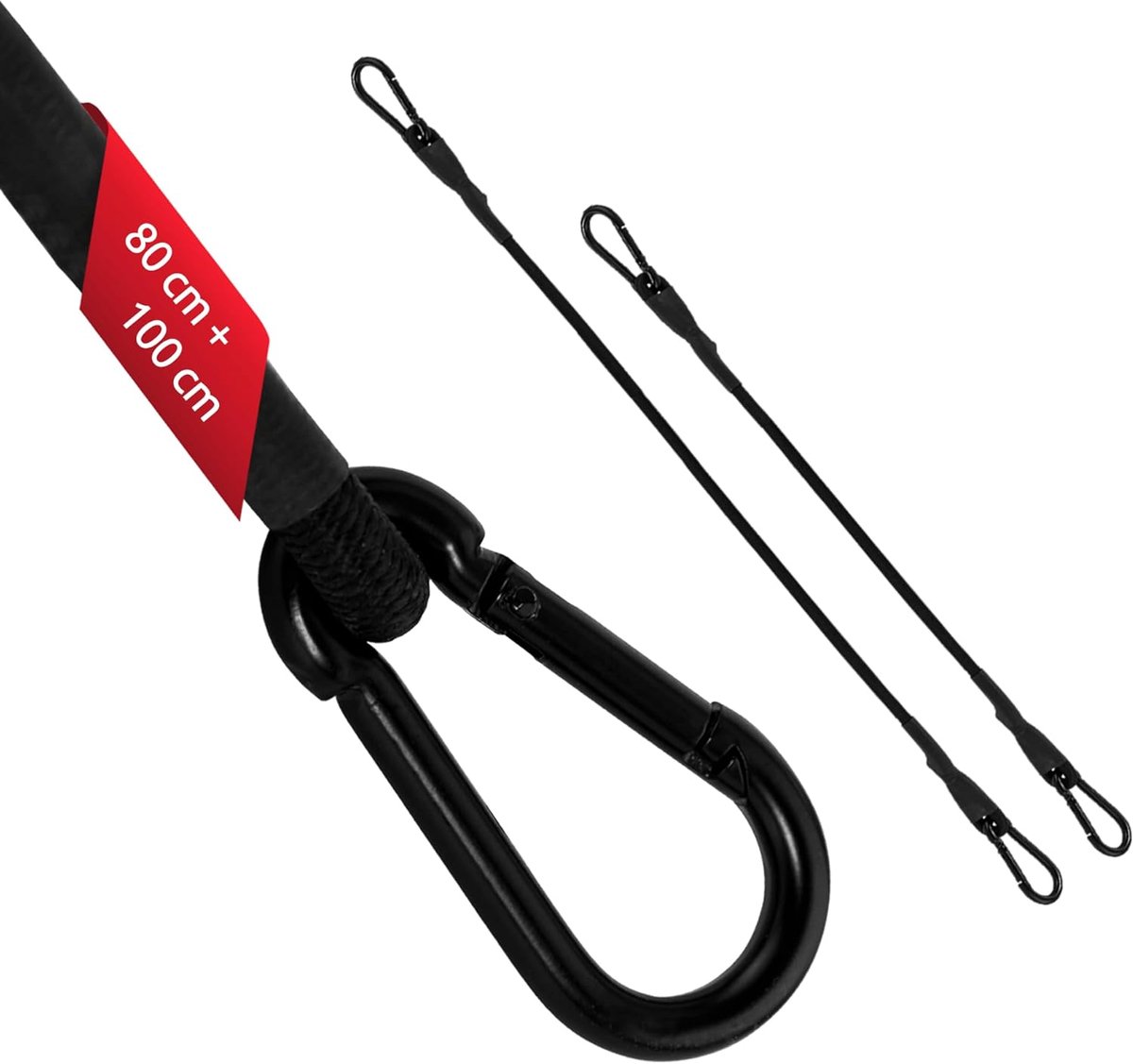 SnelShoppen - 2x Elastische Spanngordels met Lobster Clasp - 100 cm en 80 cm Zwarte Rubber Straps voor Fietsen, Auto en Bagage Transport