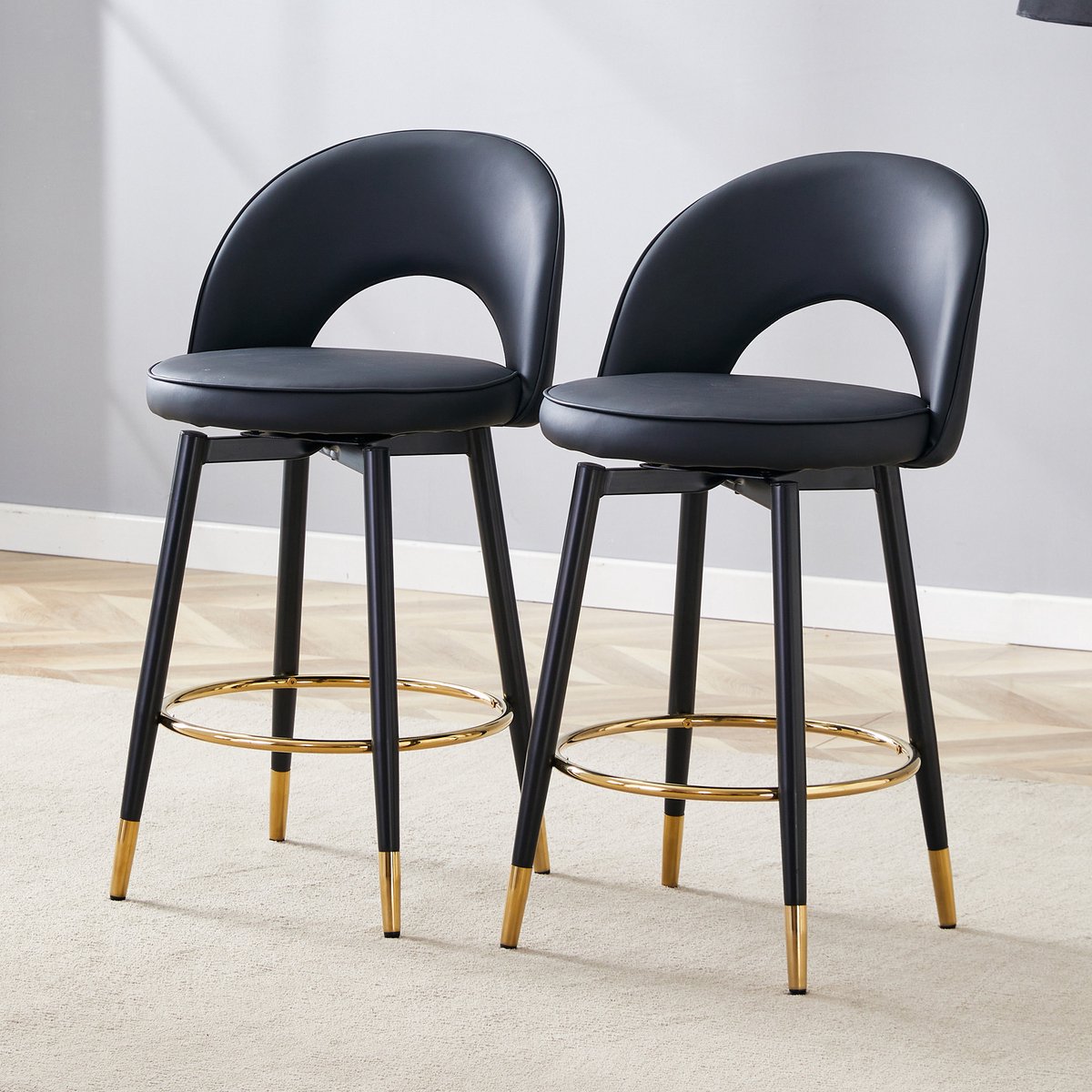 MODENUIT Barkruk 91,5 cm - 360° Draaibaar Met Rugleuning - Voor Bar En Keuken - Kunstleer - Zwart