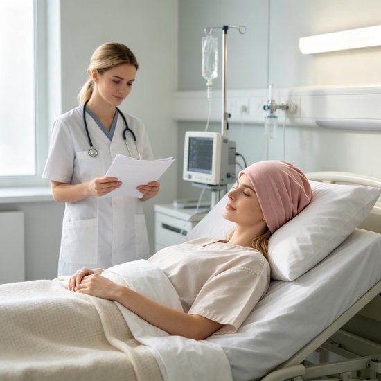 Vrouw met roze chemo-muts in ziekenhuisbed, terwijl een verpleegkundige documenten vasthoudt.