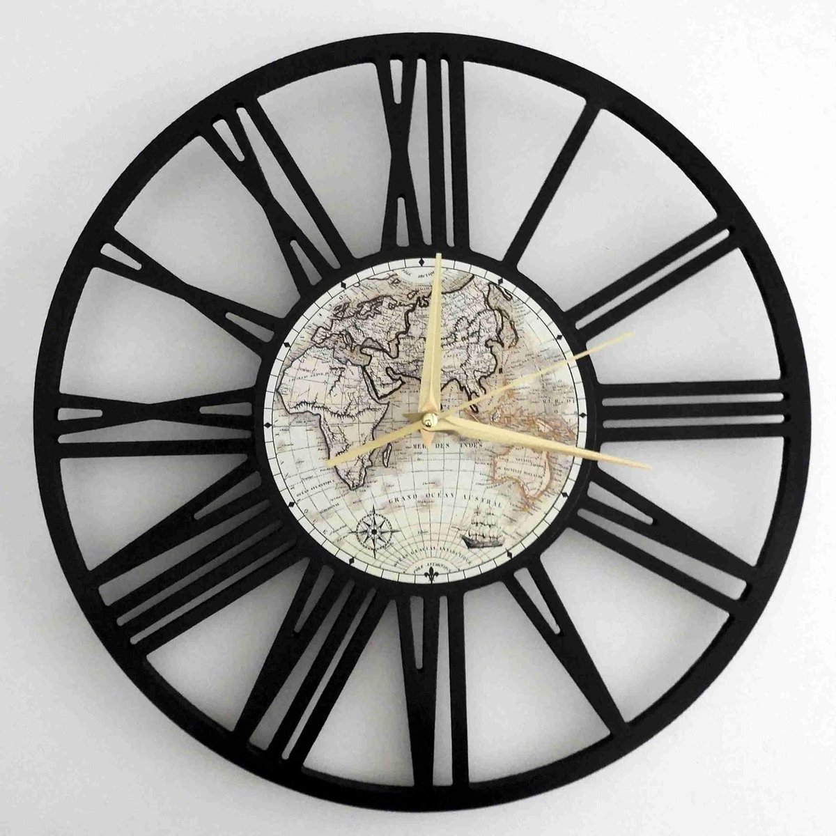 SnelShoppen - Vintage Wandklok 40 cm met Romeinse Cijfers en Wereldkaart, Decoratie van Hout, Zwart, Stille Quartz Beweging voor Woonkamer, Slaapkamer