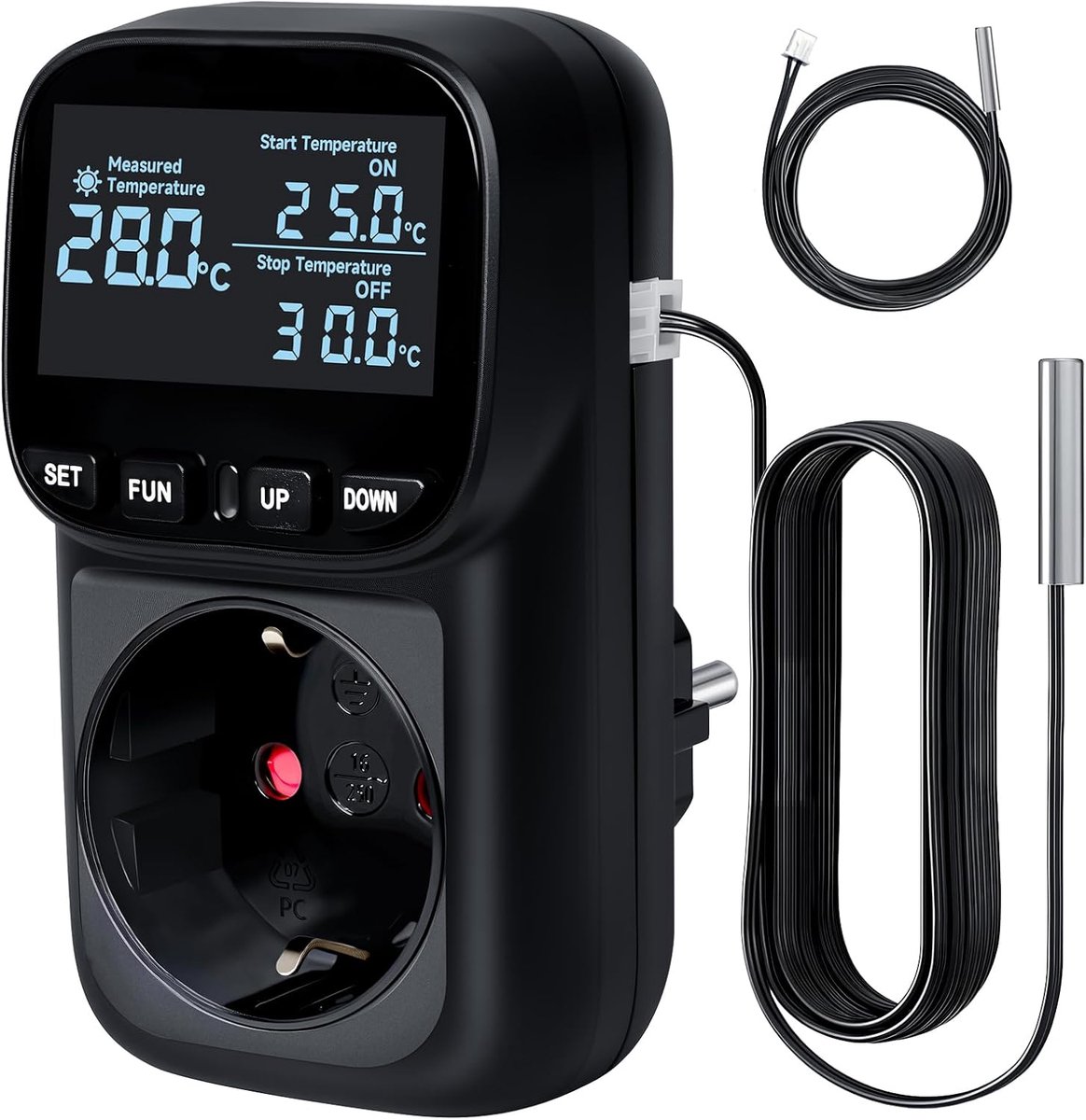 SnelShoppen - Temperature Control Socket 15A/1800W, Digitale Thermostaat met 2 Sensors, Verwarming/Koeling, Cyclus Timer, Zwart