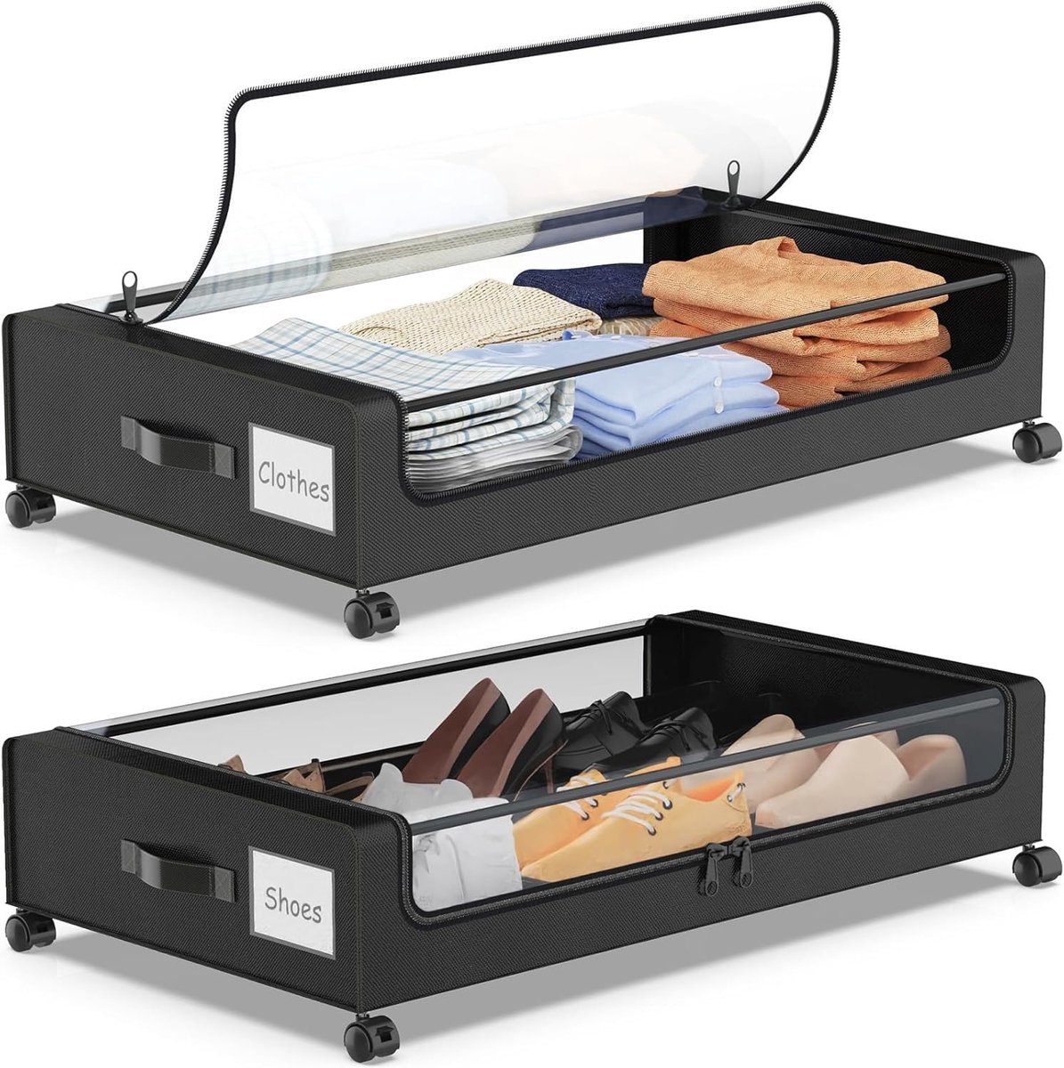 SnelShoppen - 2 Pcs Onder Bed Opbergbakken met Wielen - Transparante PVC Deksel - Rollende Organizer voor Kleding, Schoenen, Speelgoed, Boeken, Dekens