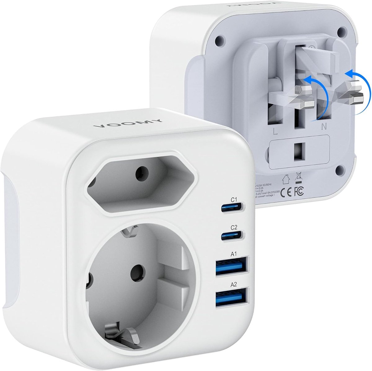 SnelShoppen - Voomy Wereldstekker Type G voor Engeland, Ierland, Malta, UAE, Opvouwbare Reisadapter met 3250W, 2 USB-C & 2 USB-A, 6-in-1 Oplader