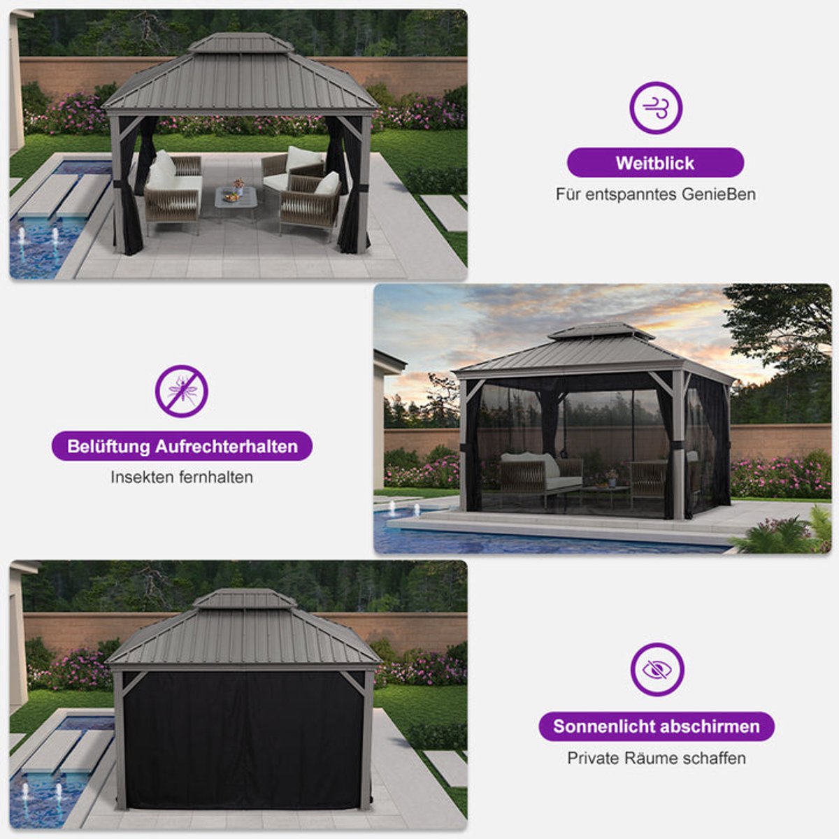 Purple Leaf Hardtop pavillon 3,65 x 3 m - gris clair luxe avec éclairage